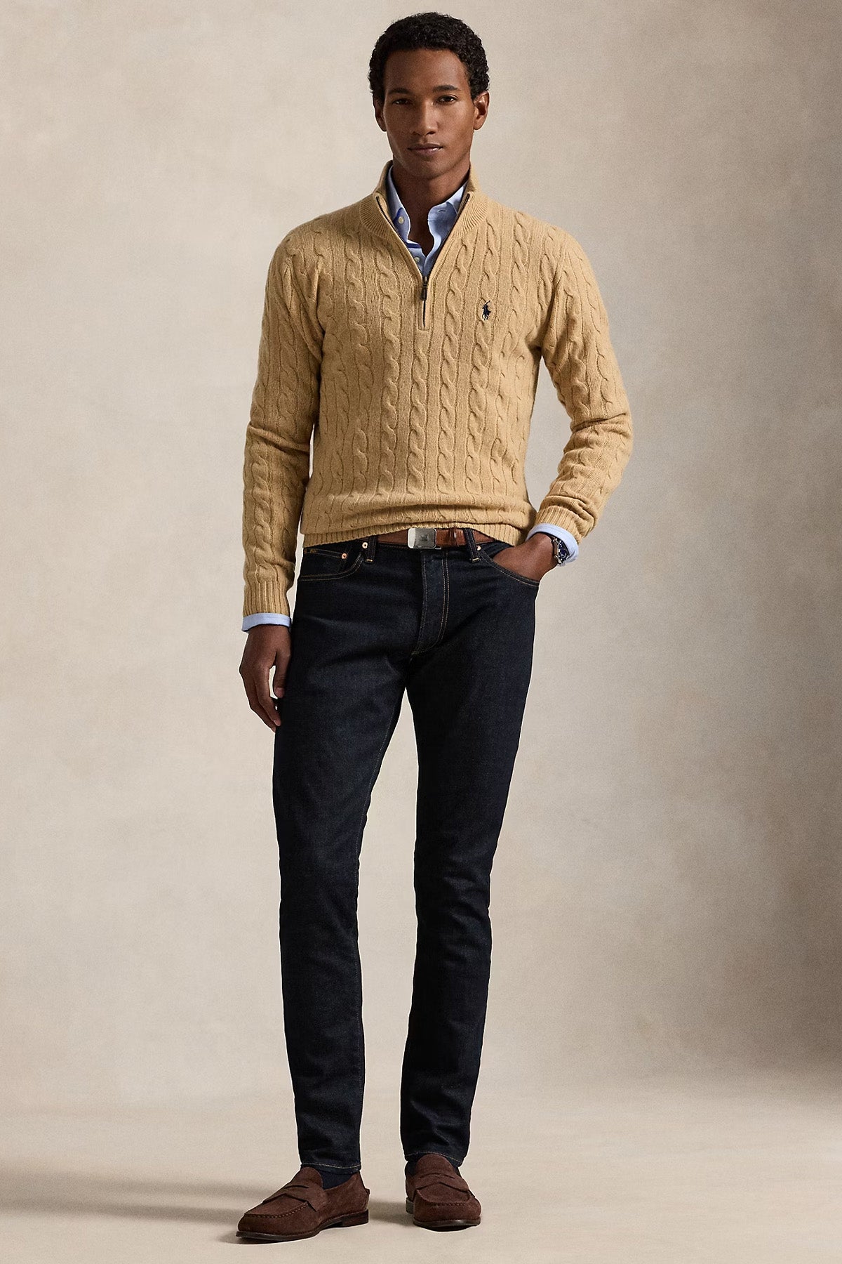 Polo Ralph Lauren Yarım Fermuarlı Dik Yaka Kaşmir Saç Örgü Yün Triko