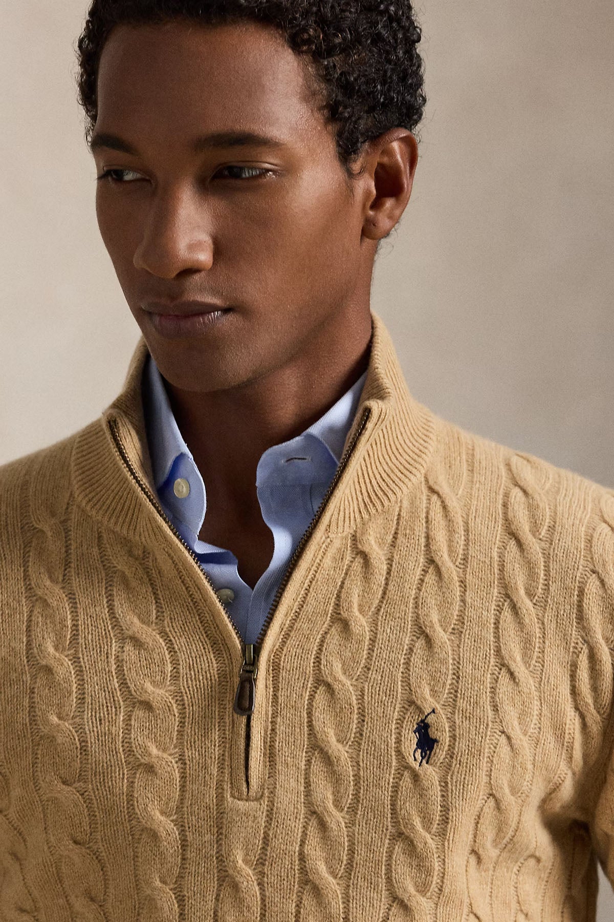 Polo Ralph Lauren Yarım Fermuarlı Dik Yaka Kaşmir Saç Örgü Yün Triko