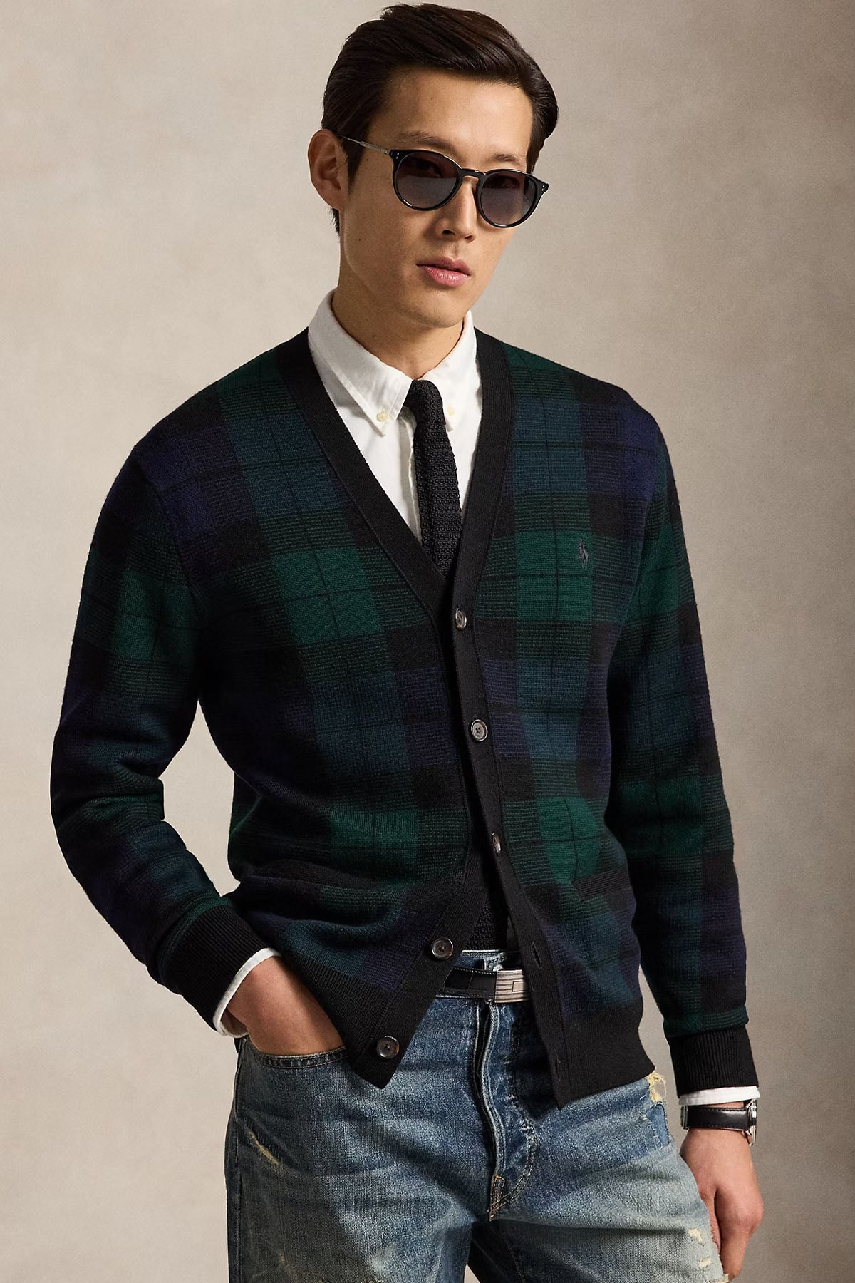 Polo Ralph Lauren V Yaka Ekose Desenli Örgü Yün Triko Ceket