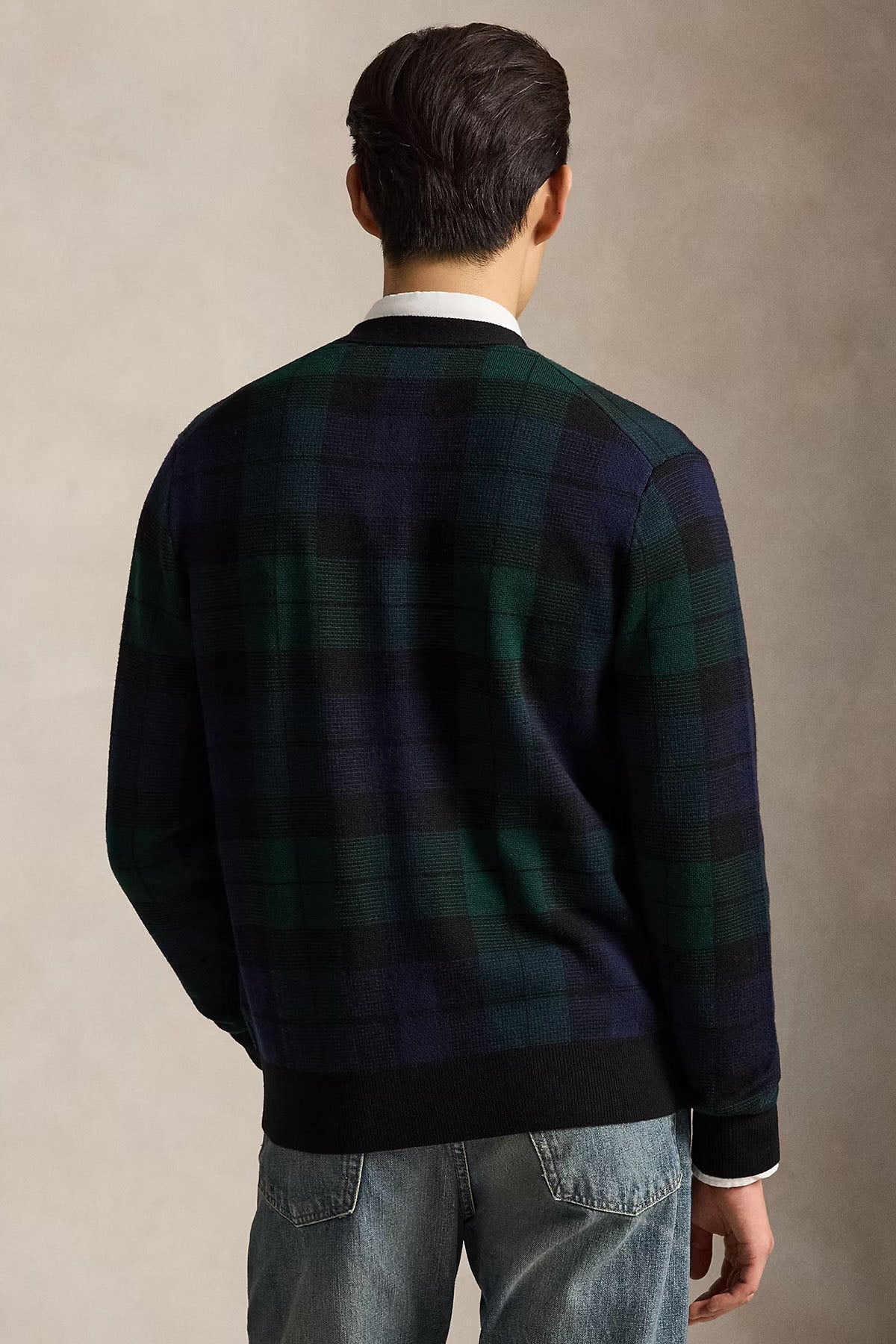 Polo Ralph Lauren V Yaka Ekose Desenli Örgü Yün Triko Ceket