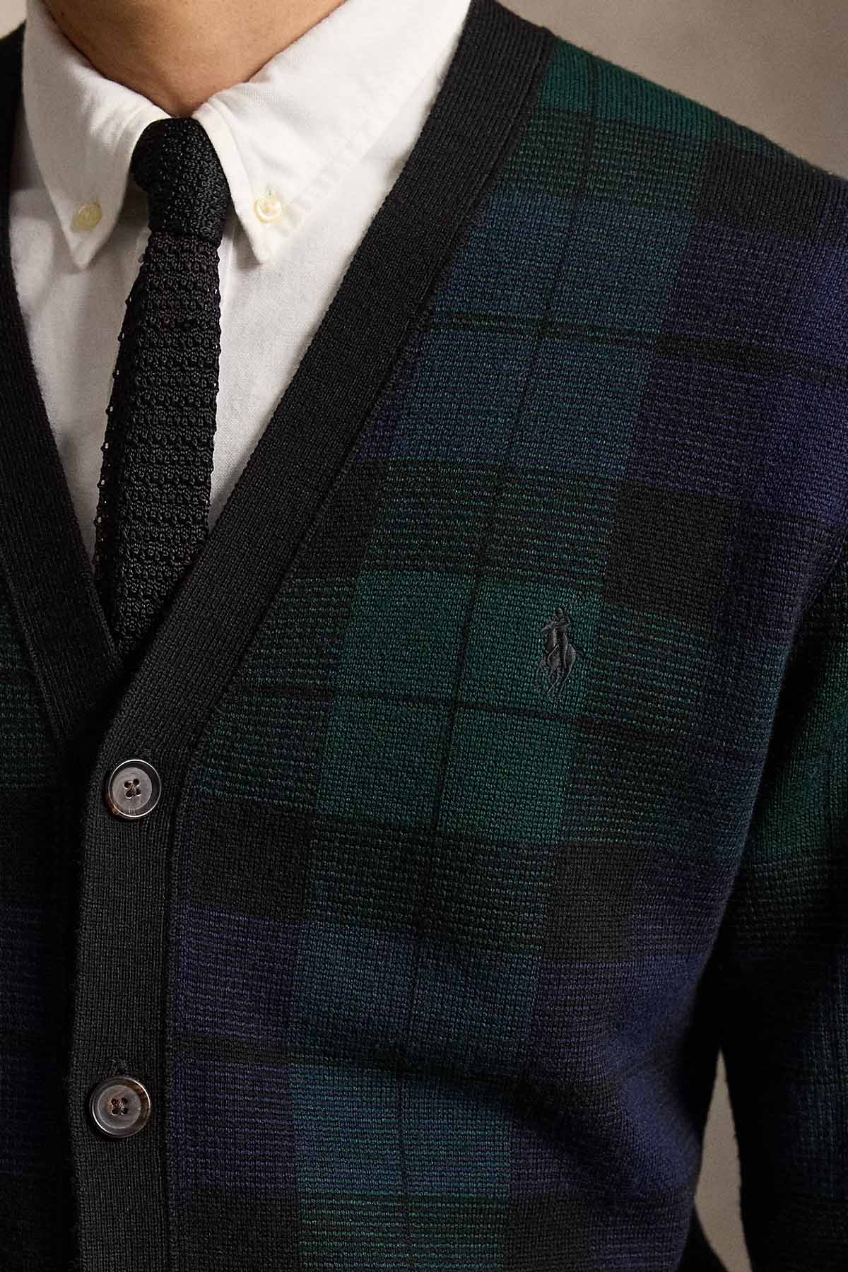 Polo Ralph Lauren V Yaka Ekose Desenli Örgü Yün Triko Ceket