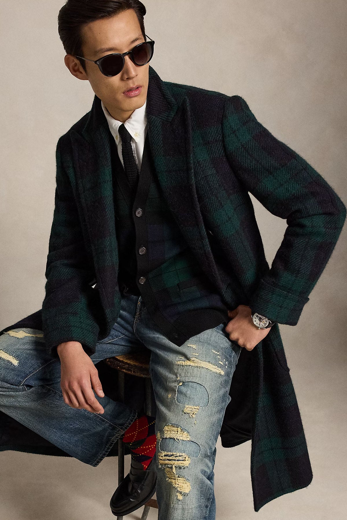 Polo Ralph Lauren V Yaka Ekose Desenli Örgü Yün Triko Ceket
