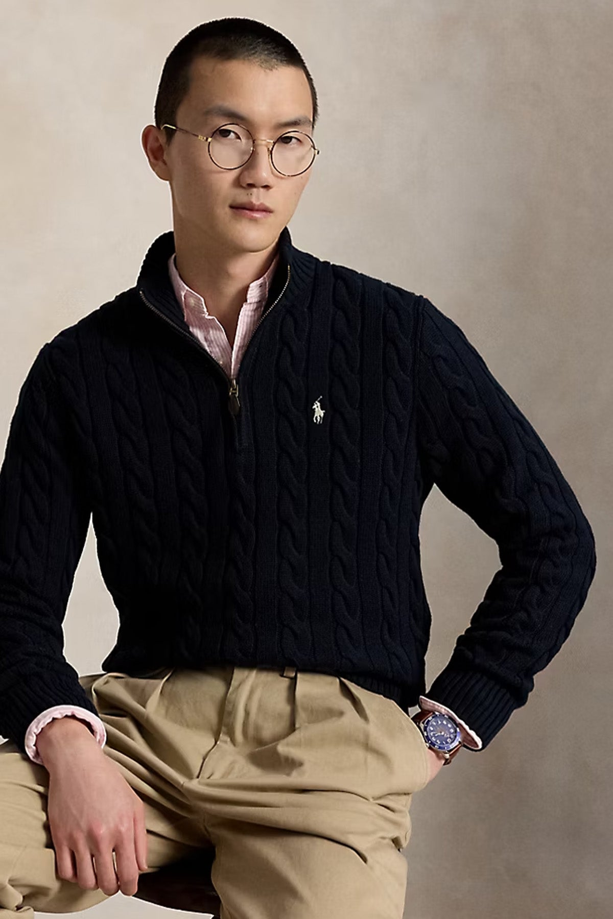 Polo Ralph Lauren Yarım Fermuarlı Dik Yaka Saç Örgü Triko
