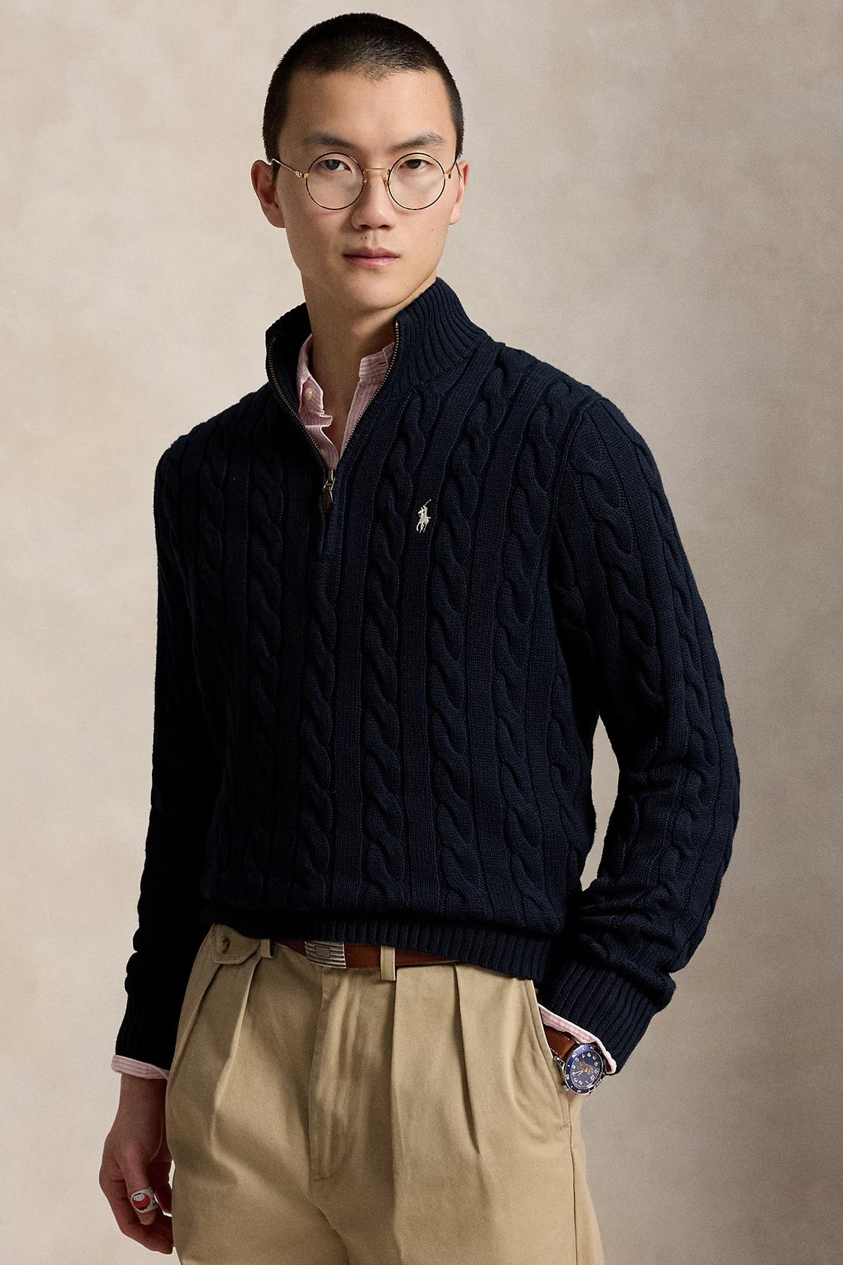 Polo Ralph Lauren Yarım Fermuarlı Dik Yaka Saç Örgü Triko