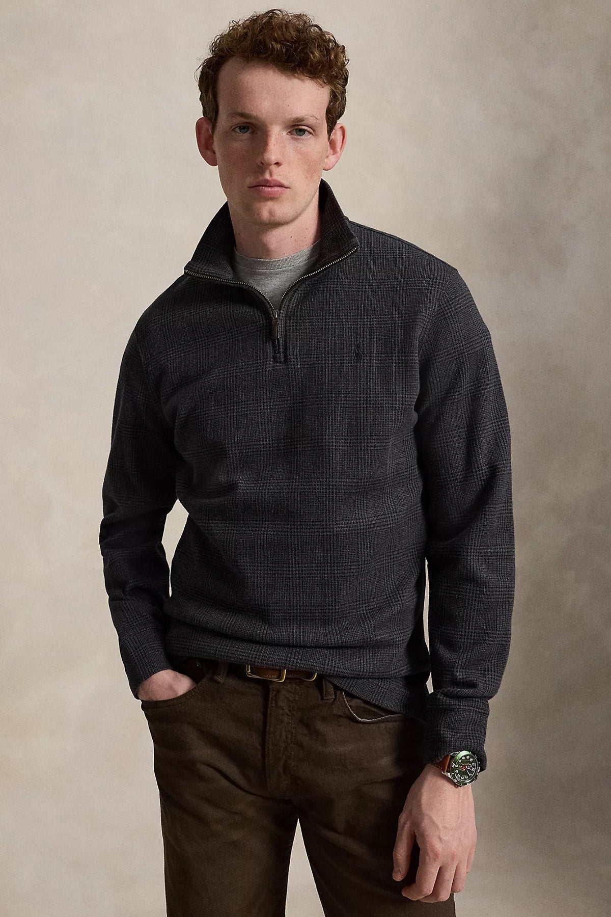 Polo Ralph Lauren Relaxed Fit Fermuarlı Dik Yaka Ekose Desenli Triko
