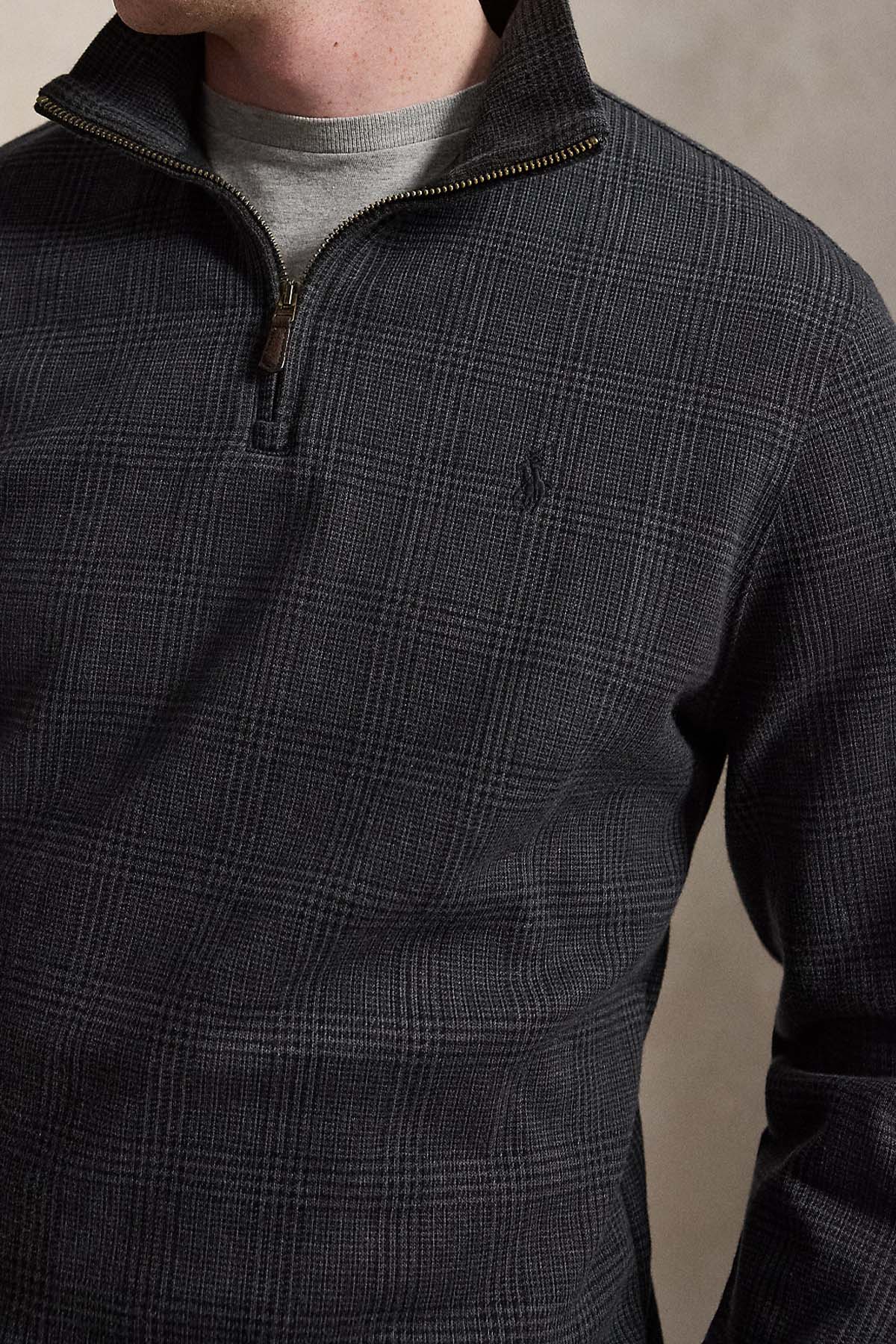 Polo Ralph Lauren Relaxed Fit Fermuarlı Dik Yaka Ekose Desenli Triko