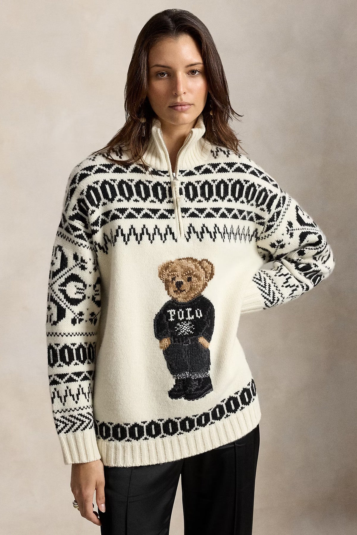 Polo Ralph Lauren Relaxed Fit Polo Bear Fermuarlı Dik Yaka Örgü Kaşmir Yün Triko