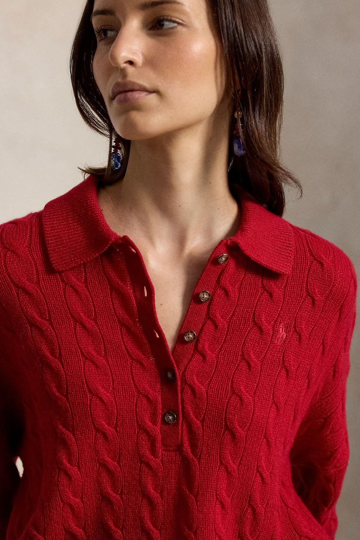 Polo Ralph Lauren Relaxed Fit Kaşmir Saç Örgü Polo Yaka Yün Triko
