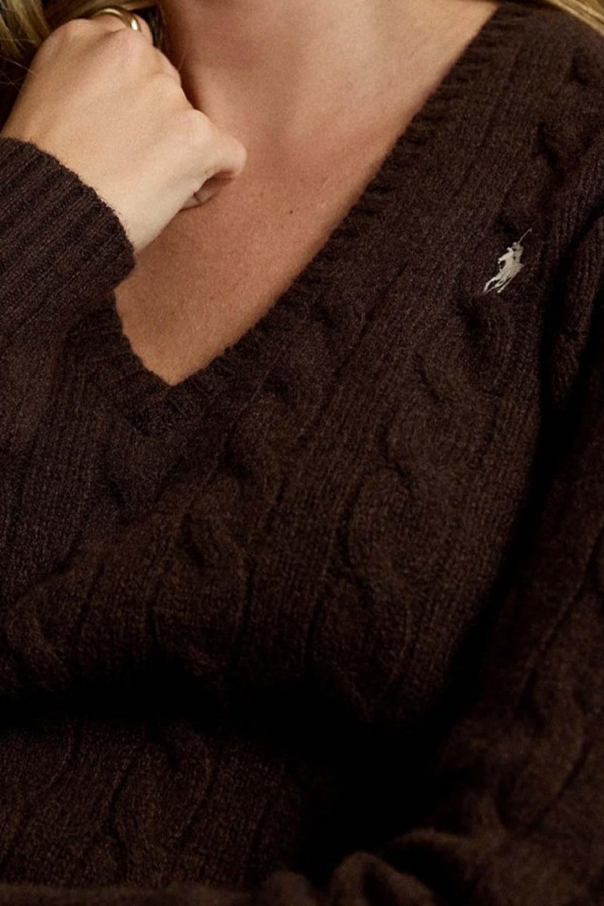 Polo Ralph Lauren Slim Fit V Yaka Saç Örgü Kaşmir Yün Triko