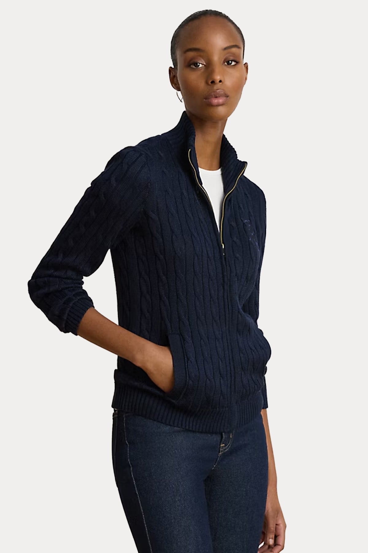 Polo Ralph Lauren Slim Fit Dik Yaka Saç Örgü Triko Ceket