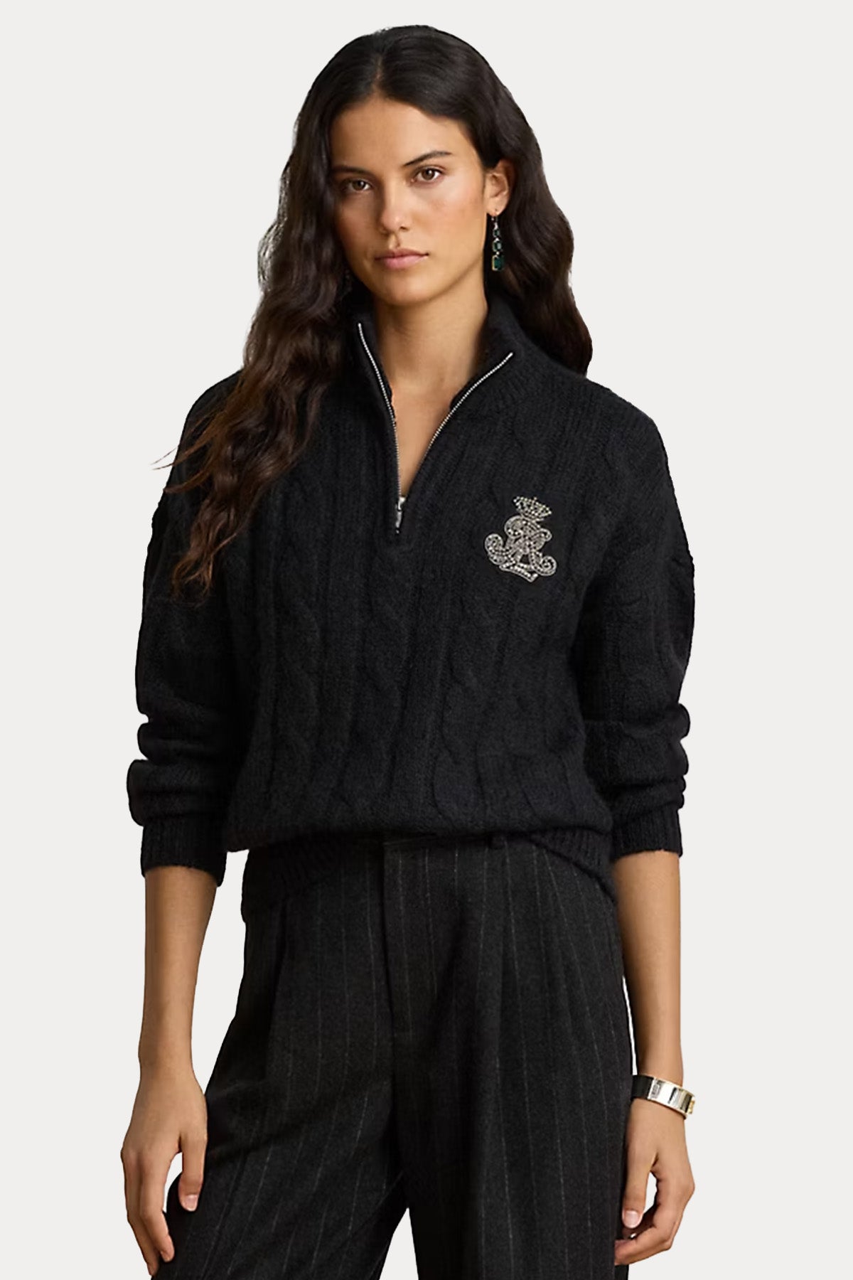 Polo Ralph Lauren Relaxed Fit Fermuarlı Dik Yaka Saç Örgü Yün Triko