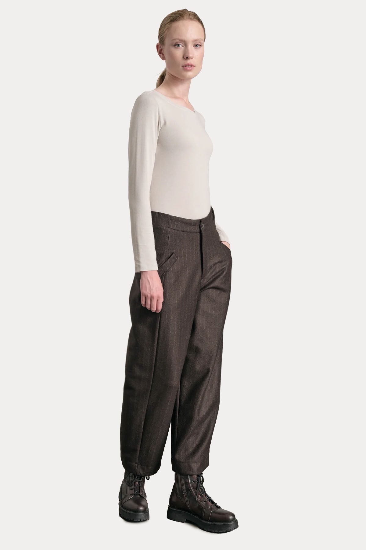 Transit Relaxed Fit Yandan Cepli Çizgili Yün Pantolon