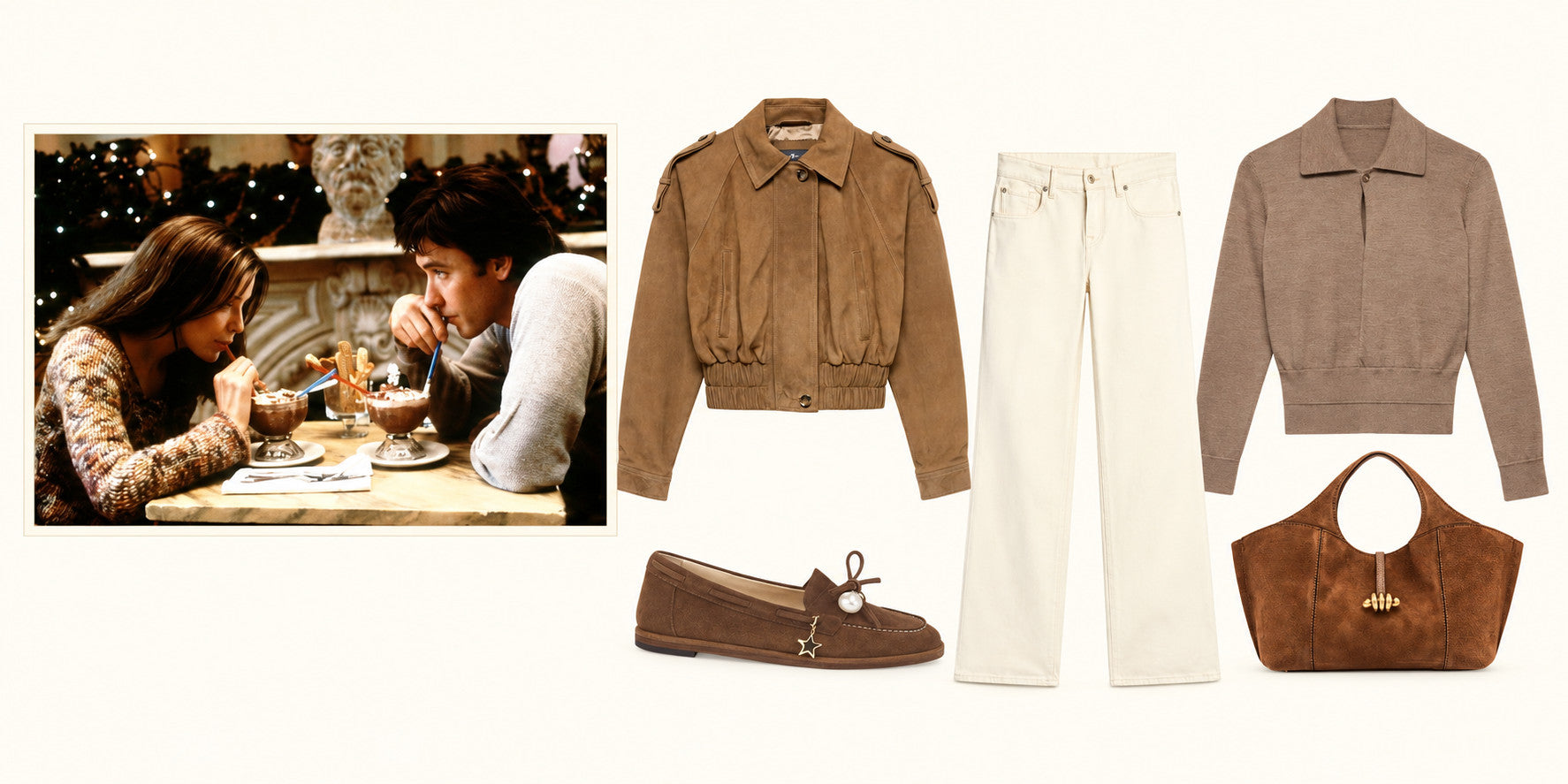Serendipity filminden ilham alan süet ceketli ve krem pantolonlu kombin