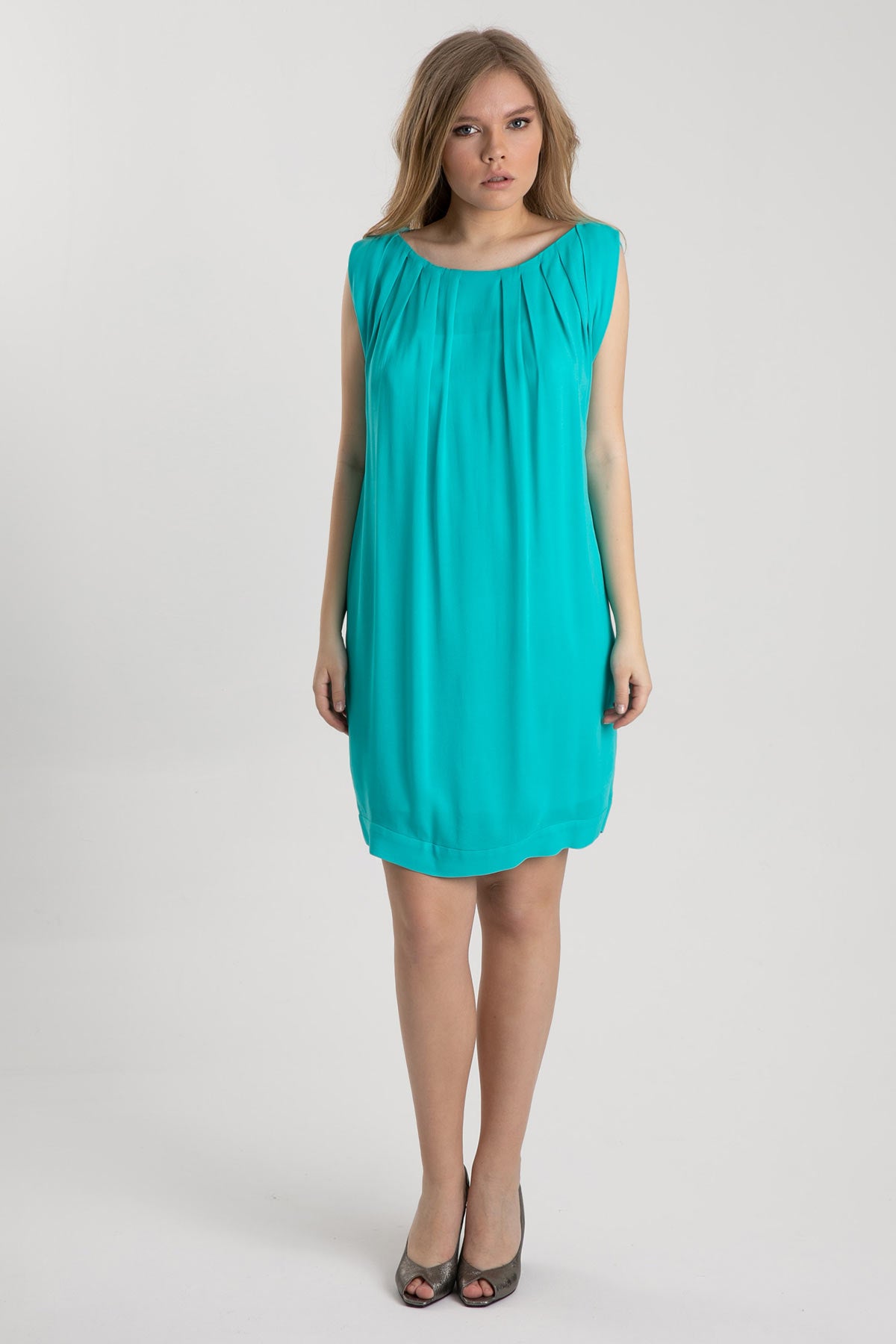 Emporio Armani Pileli Kayık Yaka Kolsuz Diz Üstü Elbise-Libas Trendy Fashion Store