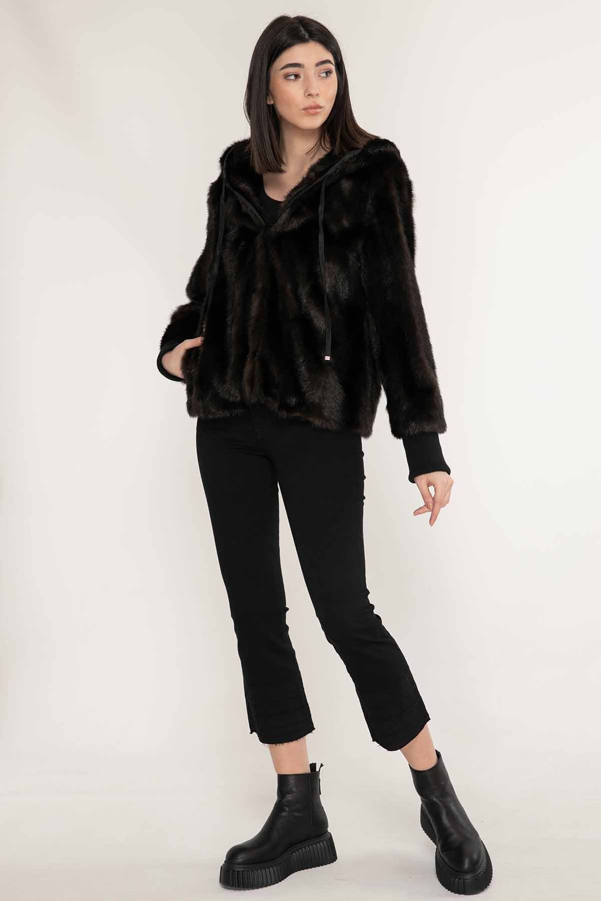 Liu Jo Yakası Büzgülü Kapüşonlu Kürk Ceket-Libas Trendy Fashion Store