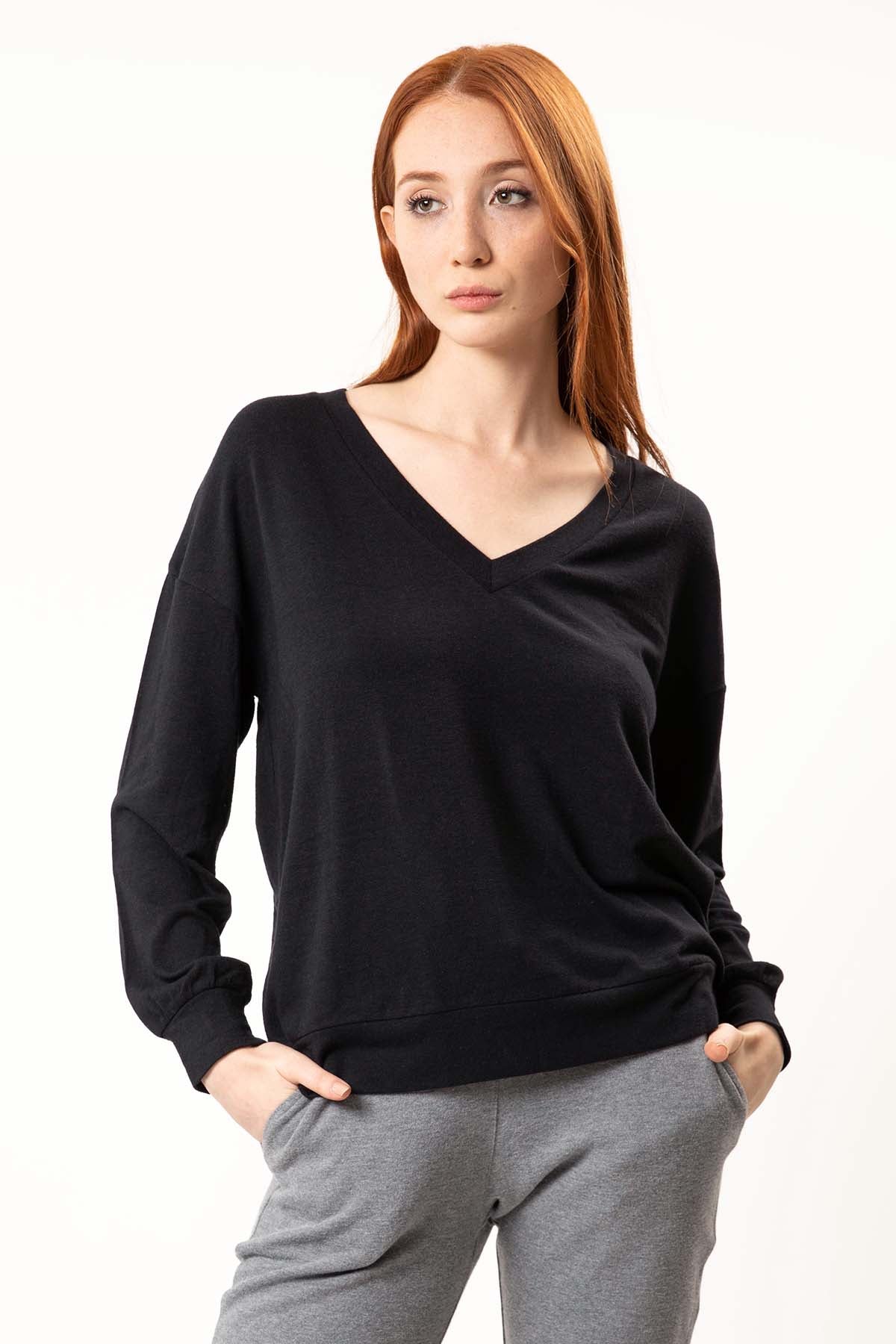 Tru V Yakalı Düşük Omuz Sweatshirt-Libas Trendy Fashion Store