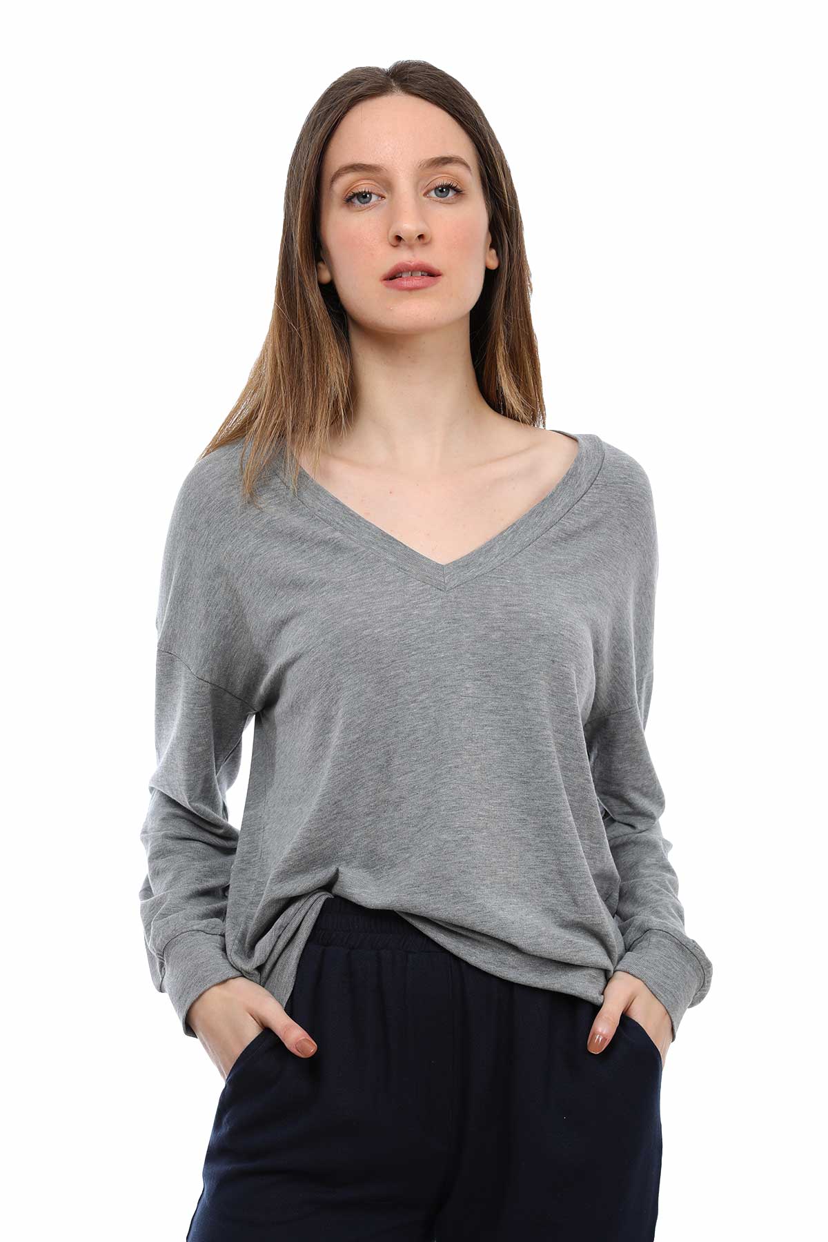 Tru V Yakalı Düşük Omuz Sweatshirt-Libas Trendy Fashion Store