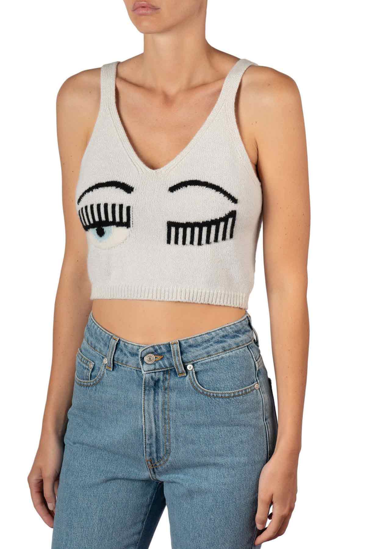 Chiara Ferragni Crop Top Winking Eye Askılı Kaşmirli Triko-Libas Trendy Fashion Store