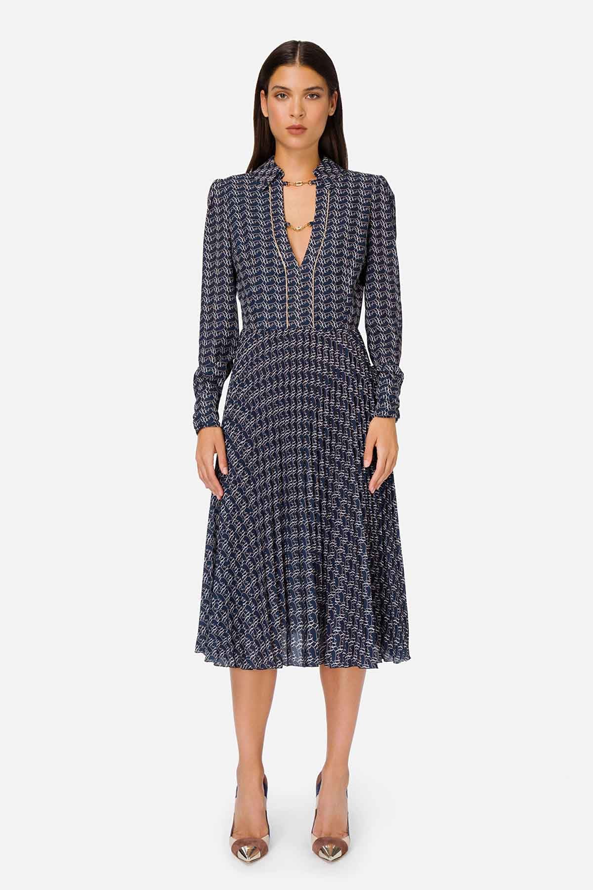 Elisabetta Franchi V Yakalı Pileli Georgette Elbise-Libas Trendy Fashion Store