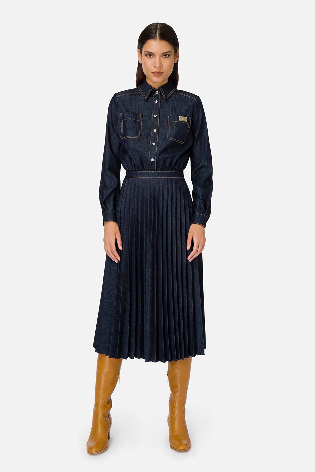 Elisabetta Franchi Pileli Denim Elbise-Libas Trendy Fashion Store