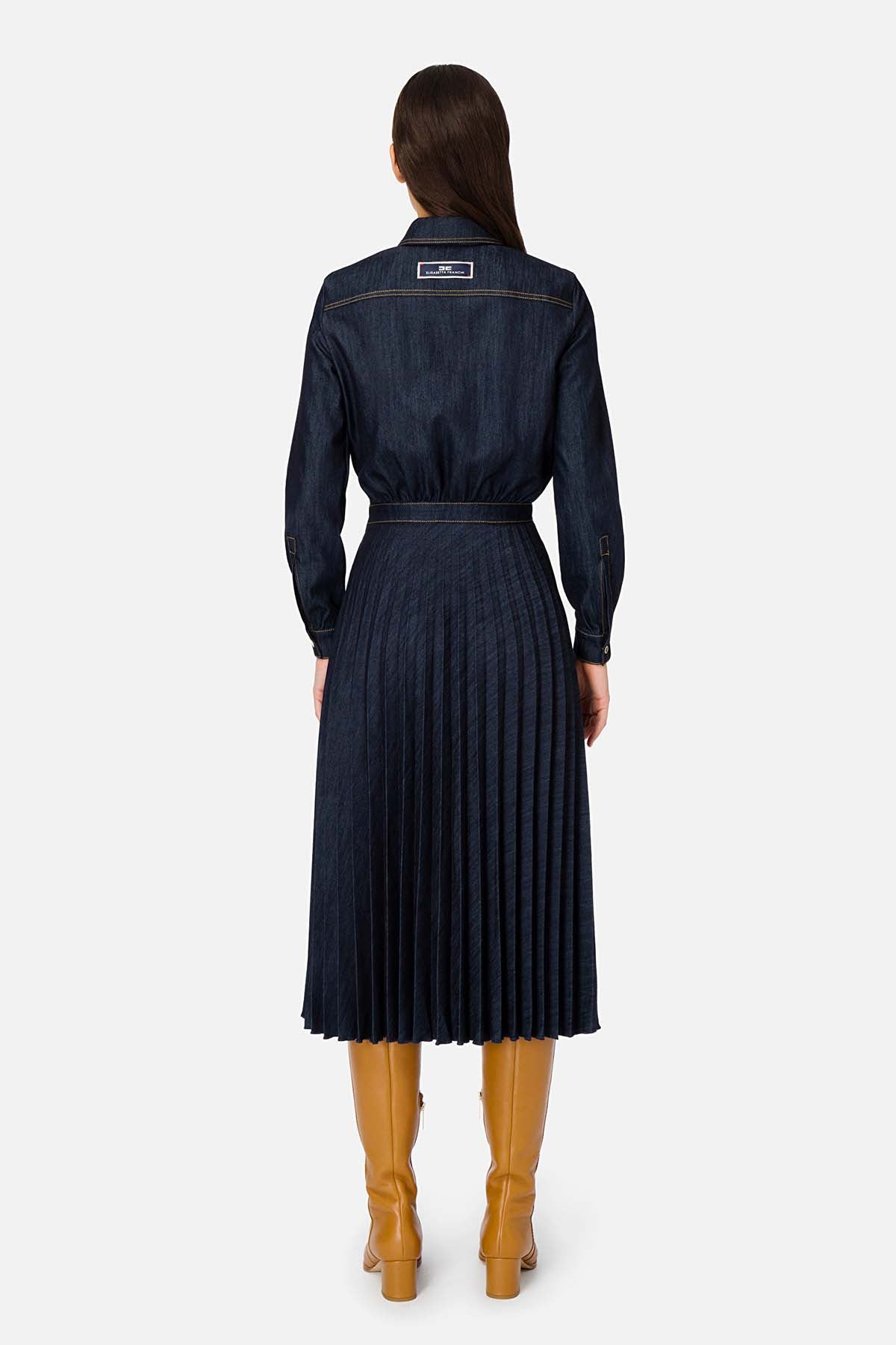 Elisabetta Franchi Pileli Denim Elbise-Libas Trendy Fashion Store