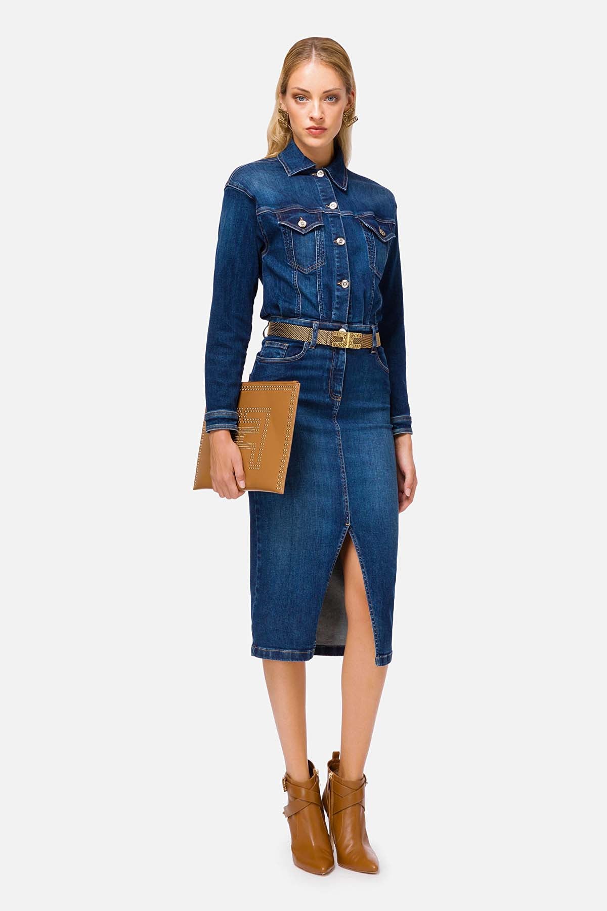 Elisabetta Franchi Yırtmaçlı Denim Elbise-Libas Trendy Fashion Store
