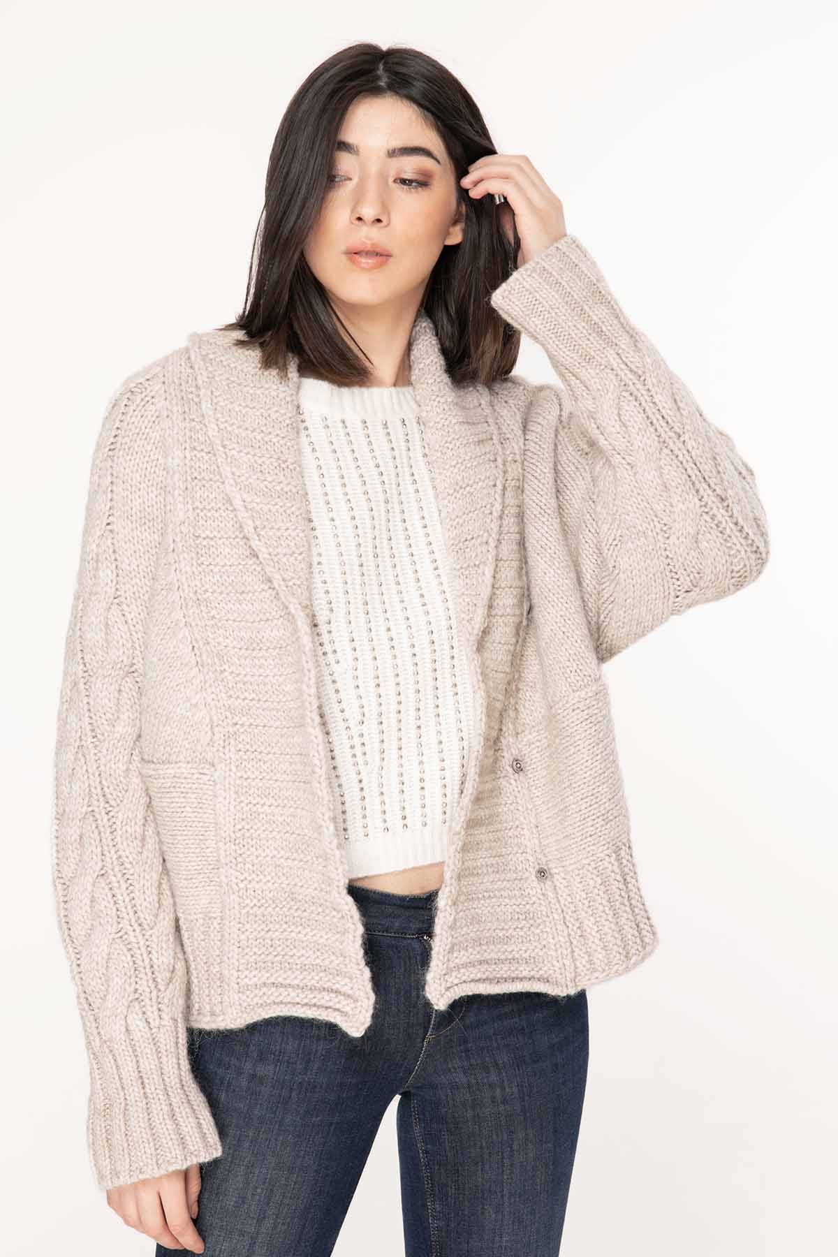 Transit Şal Yaka Saç Örgü Detaylı Ceket-Libas Trendy Fashion Store