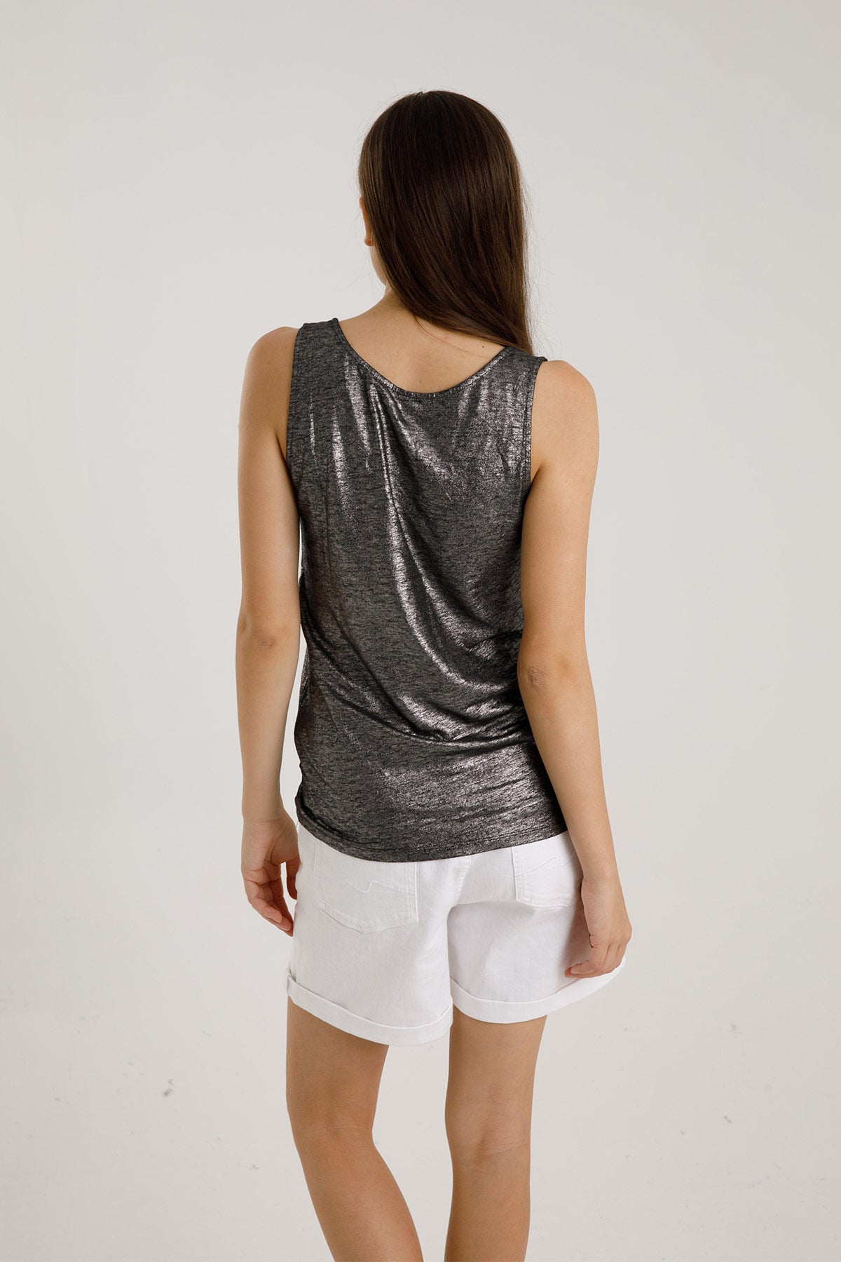 Majestic Kolsuz Geniş Askılı Streç Keten Parlak T-shirt-Libas Trendy Fashion Store