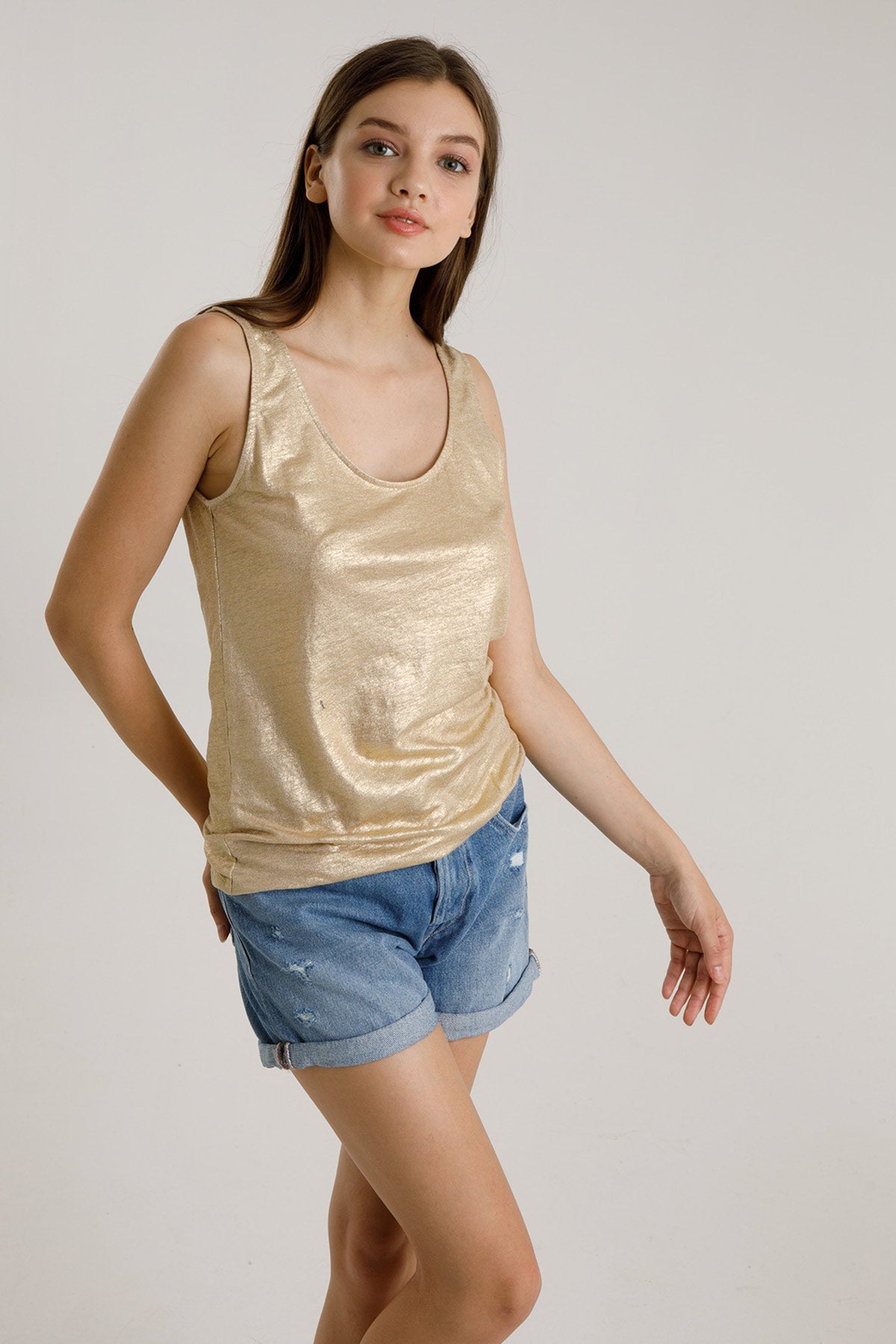 Majestic Geniş Askılı Streç Keten Parlak T-shirt-Libas Trendy Fashion Store