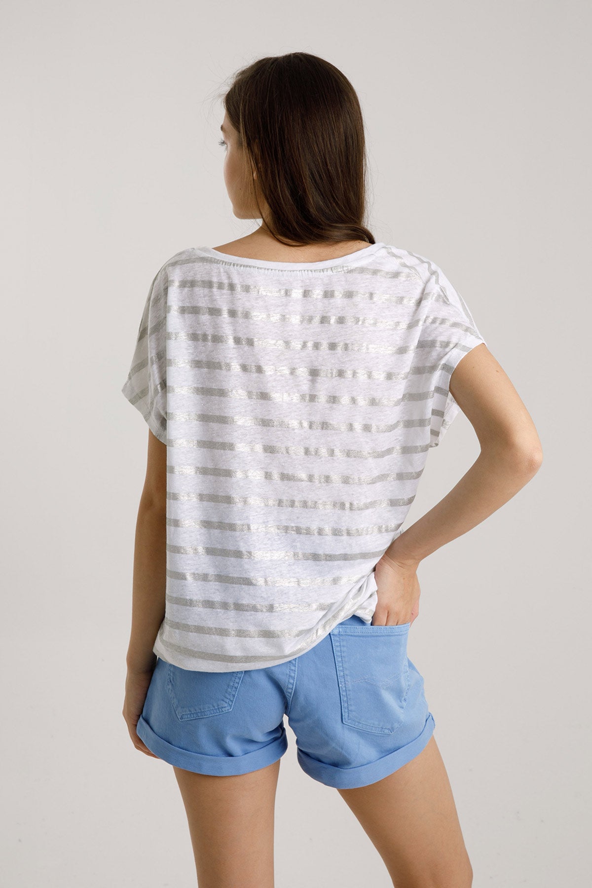 Majestic Gümüş Yaldız Streç Keten Çizgili T-shirt-Libas Trendy Fashion Store