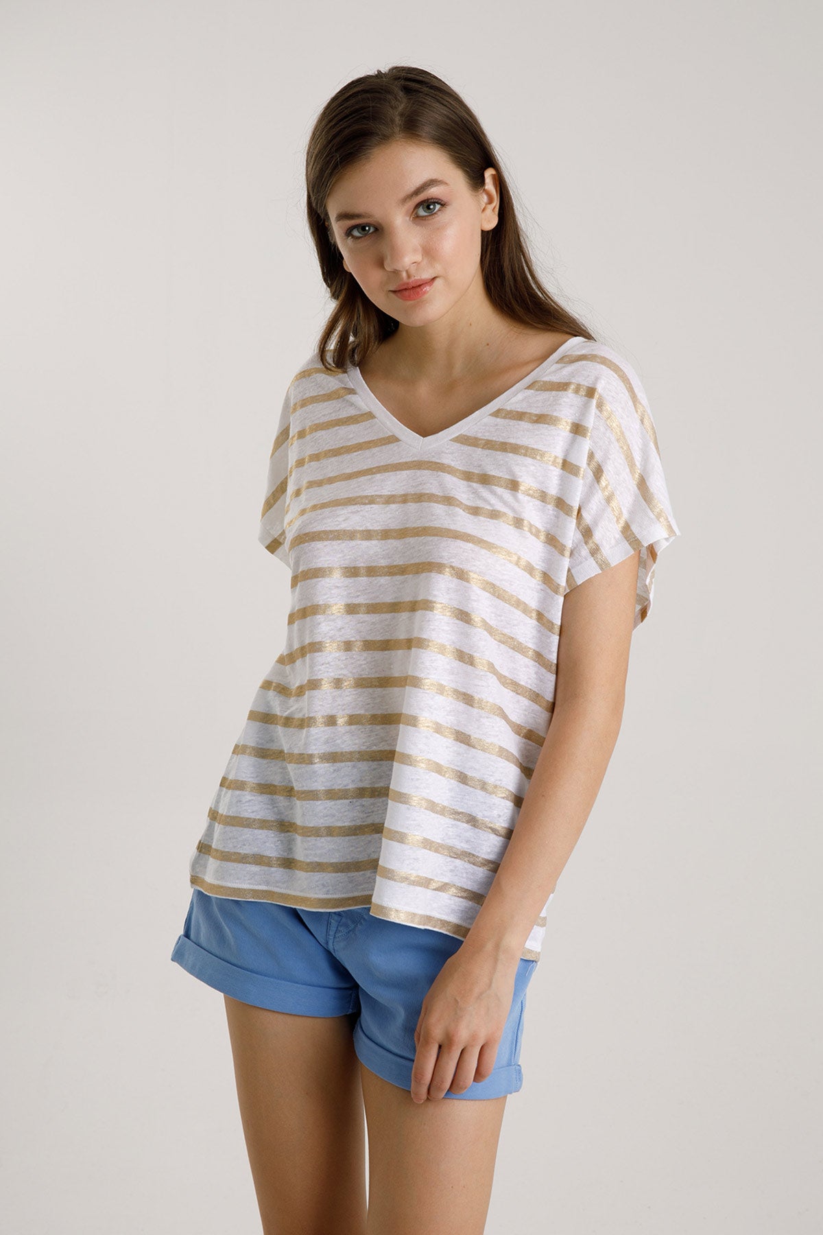 Majestic Gold Yaldız Streç Keten Çizgili T-shirt-Libas Trendy Fashion Store