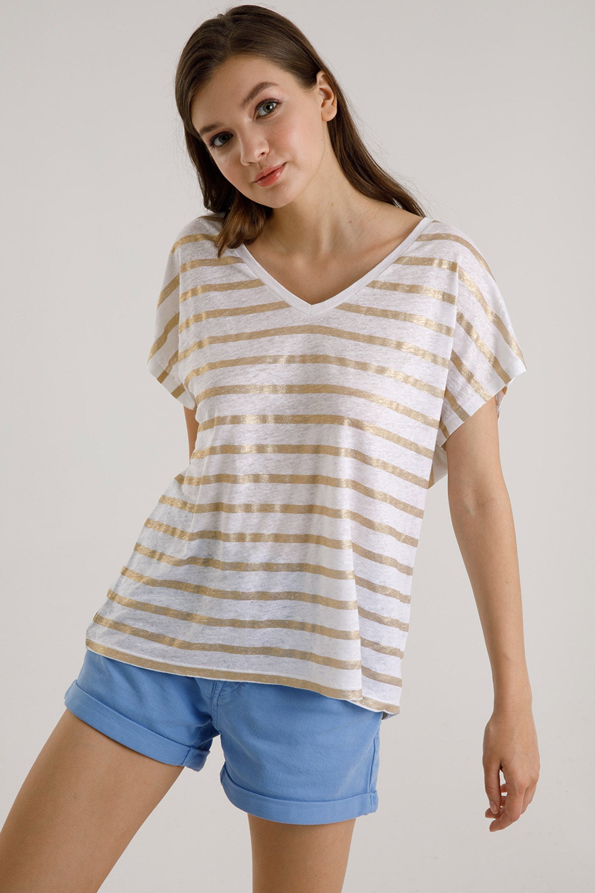 Majestic Gold Yaldız Streç Keten Çizgili T-shirt-Libas Trendy Fashion Store