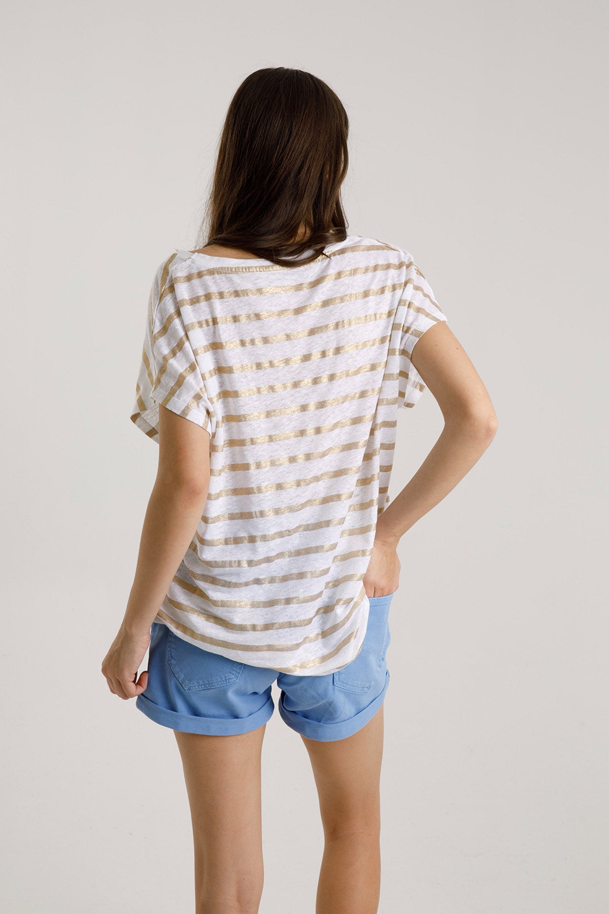 Majestic Gold Yaldız Streç Keten Çizgili T-shirt-Libas Trendy Fashion Store