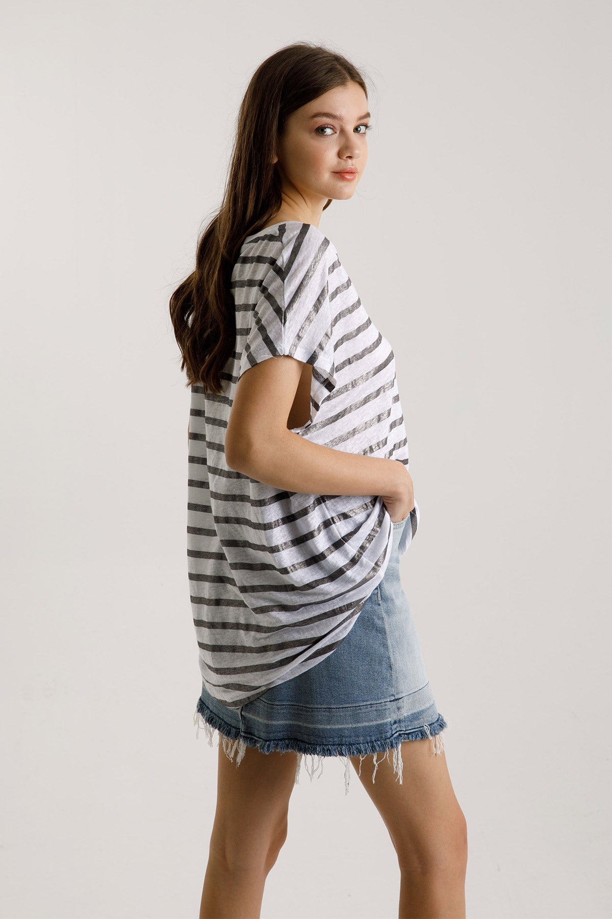 Majestic V Yaka Streç Keten T-shirt-Libas Trendy Fashion Store