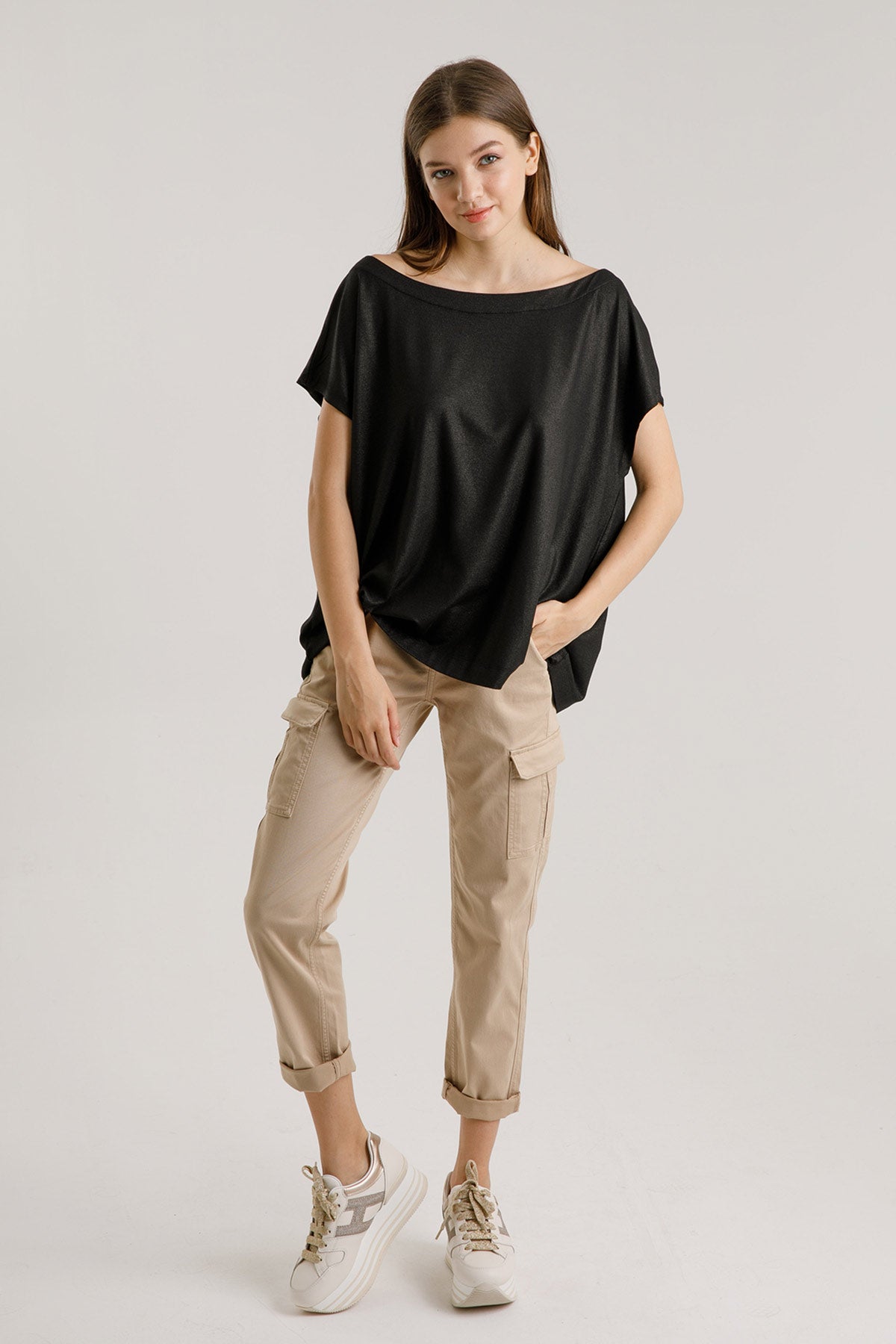 Majestic Kayık Yaka Parlak Kumaş T-shirt-Libas Trendy Fashion Store