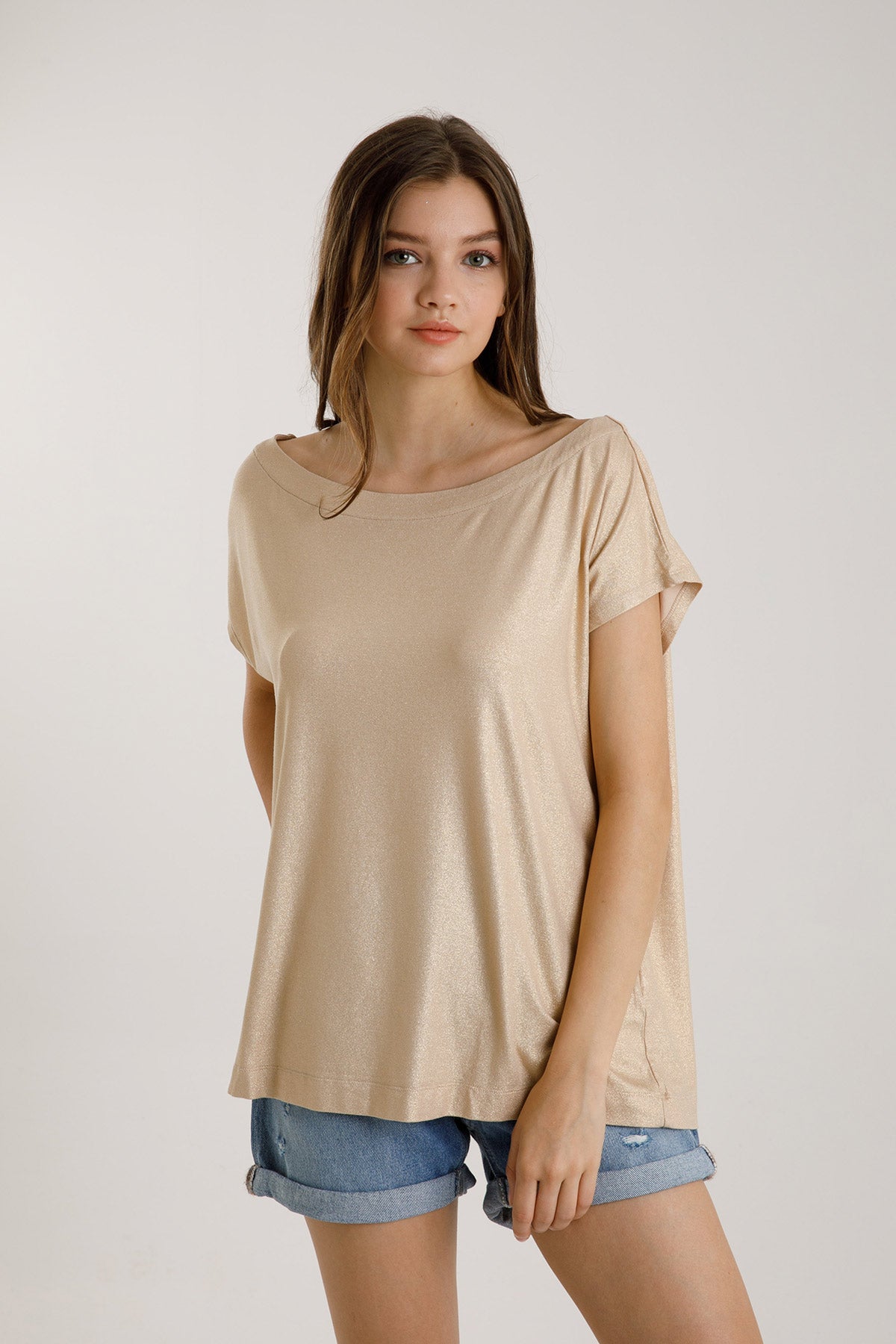 Majestic Kayık Yaka Simli Streç T-shirt-Libas Trendy Fashion Store