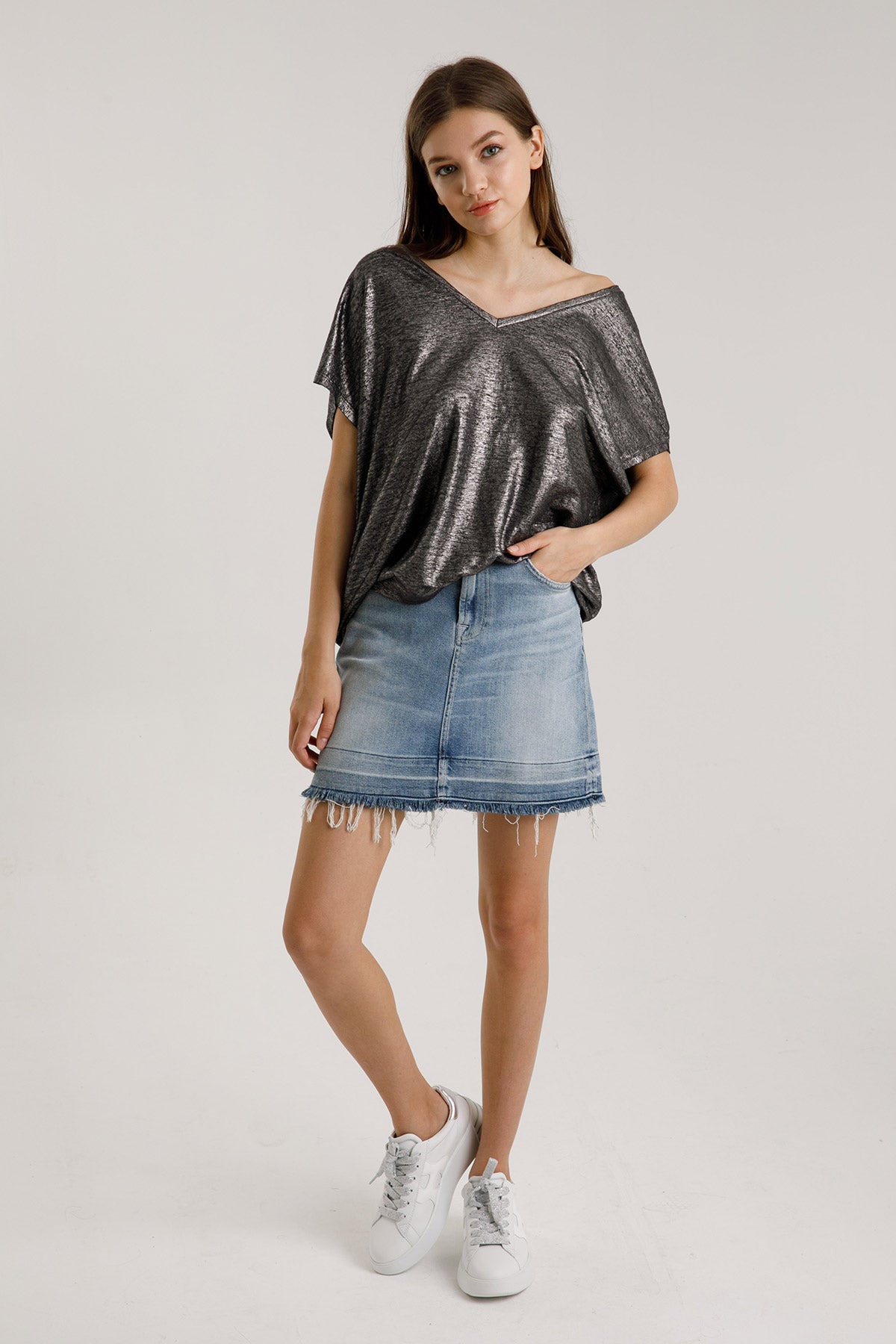 Majestic V Yaka Streç Keten T-shirt-Libas Trendy Fashion Store