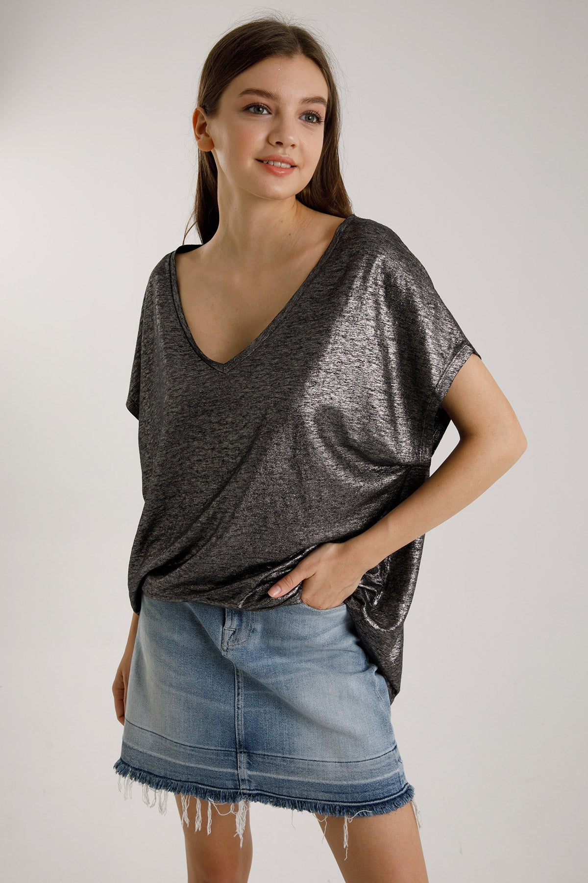 Majestic V Yaka Streç Keten T-shirt-Libas Trendy Fashion Store