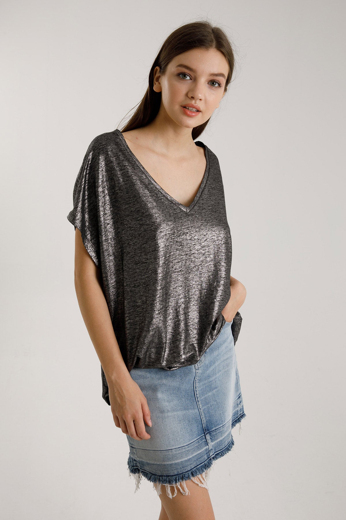 Majestic V Yaka Streç Keten T-shirt-Libas Trendy Fashion Store