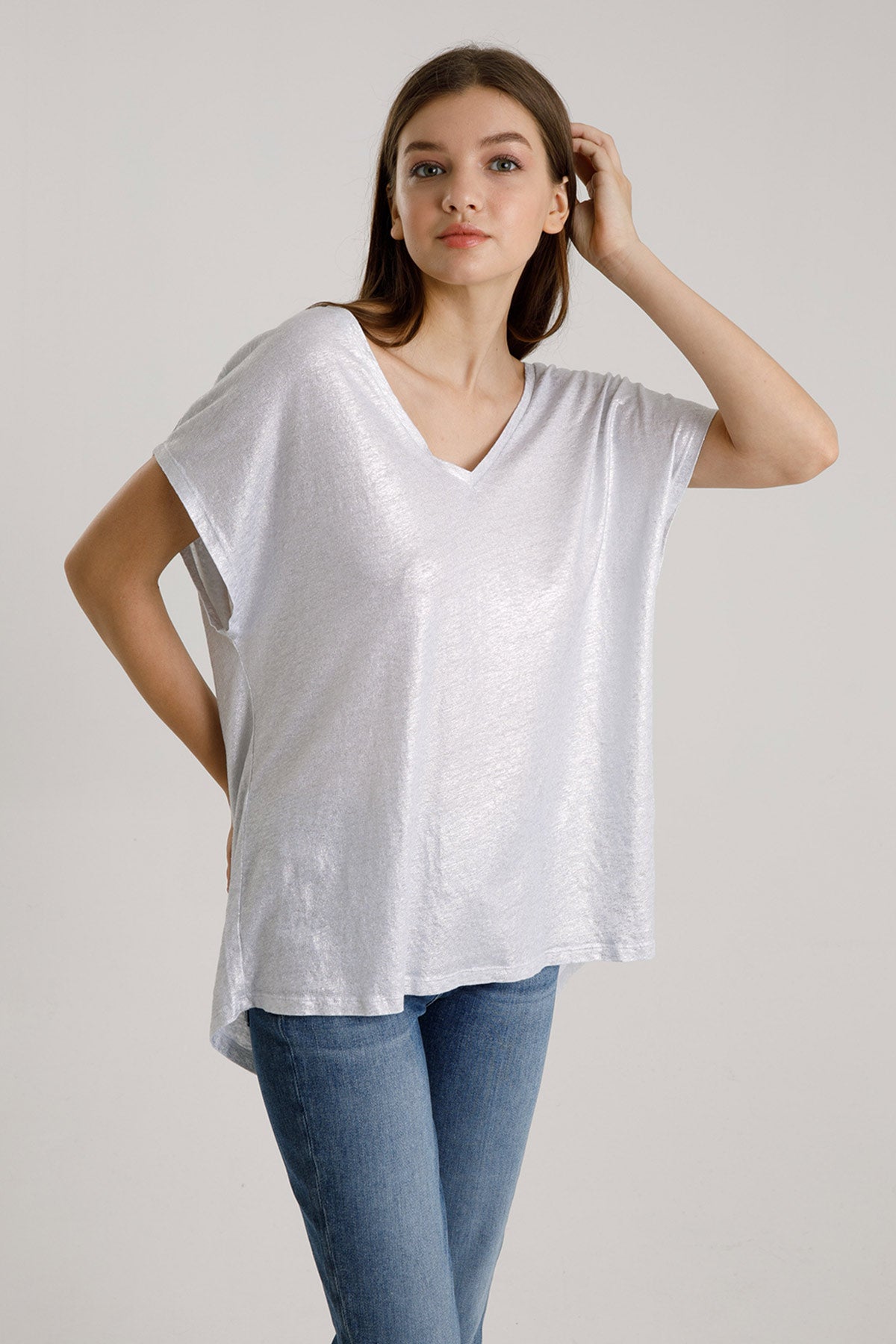 Majestic Streç Keten Rahat Kesim V Yaka T-shirt-Libas Trendy Fashion Store