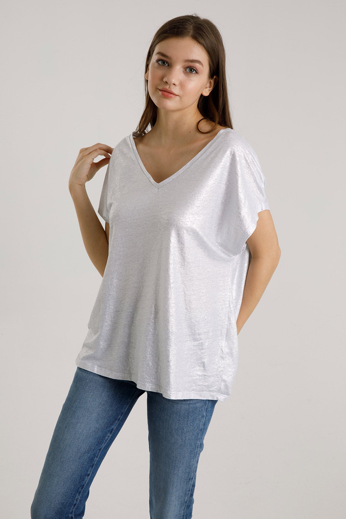 Majestic Streç Keten Rahat Kesim V Yaka T-shirt-Libas Trendy Fashion Store