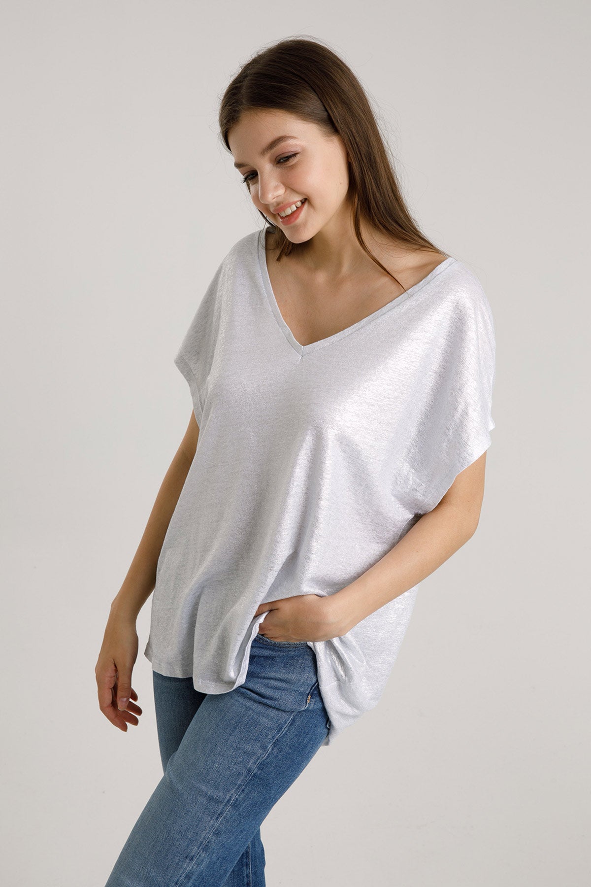 Majestic Streç Keten Rahat Kesim V Yaka T-shirt-Libas Trendy Fashion Store