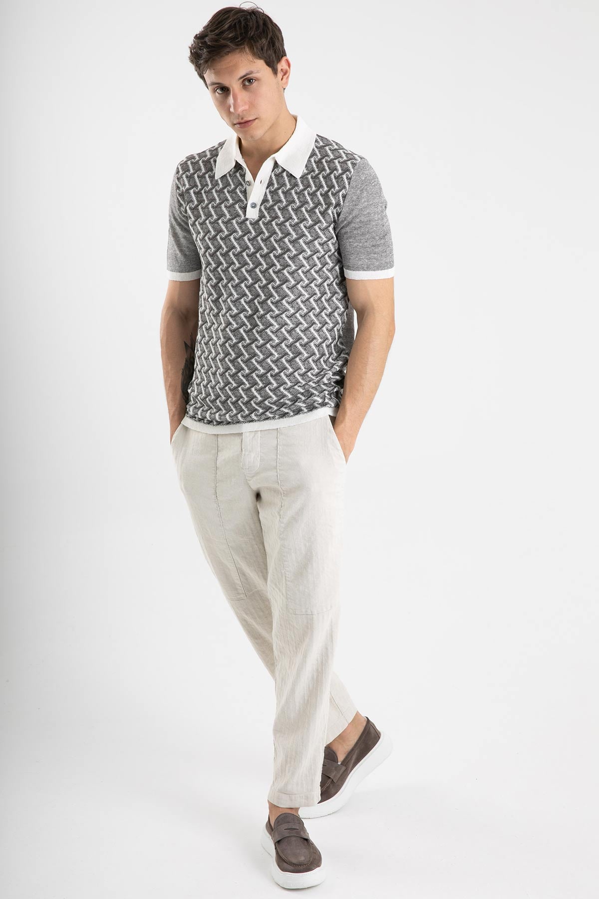 Manifattura Polo Yaka Örgü Keten T-shirt-Libas Trendy Fashion Store