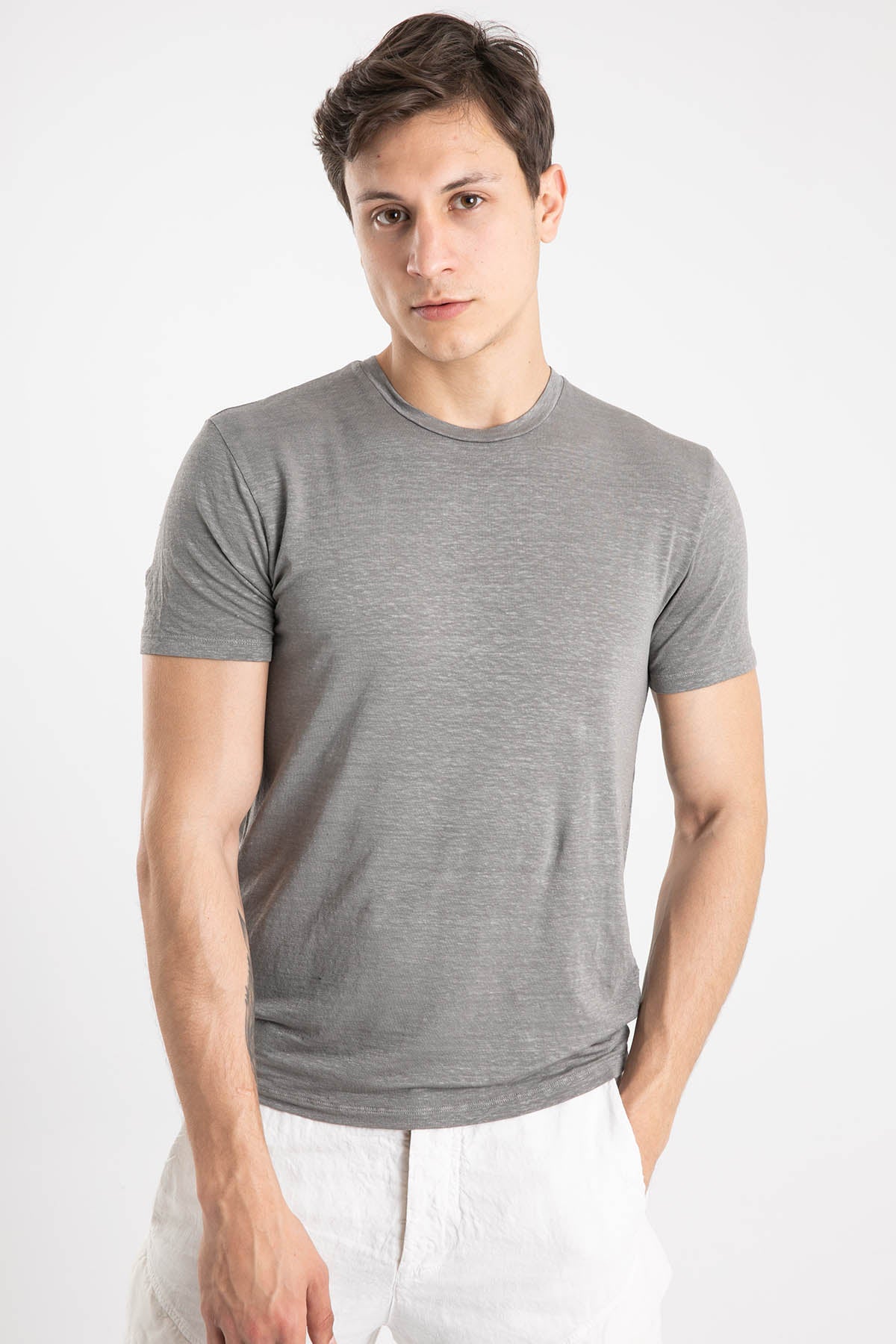 Manifattura Yuvarlak Yaka Streç Keten T-Shirt-Libas Trendy Fashion Store