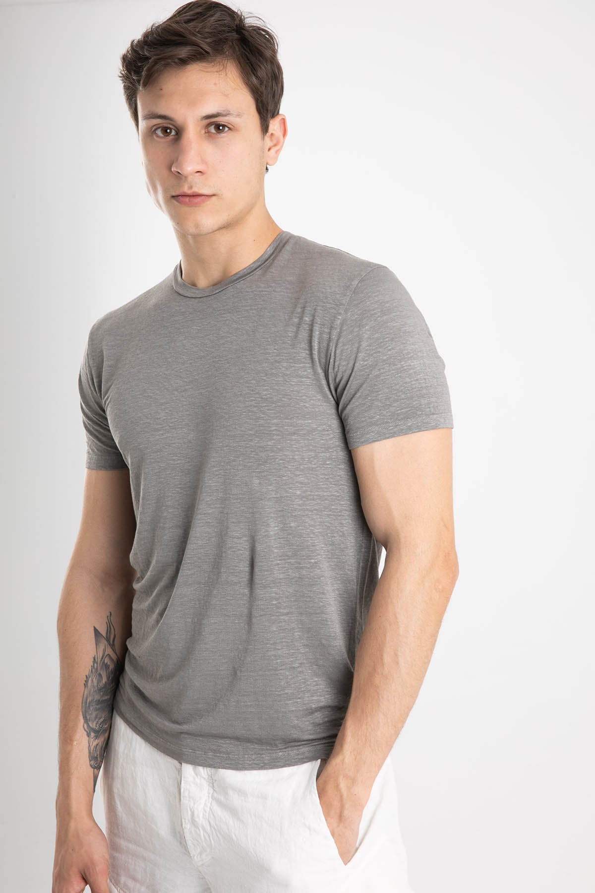 Manifattura Yuvarlak Yaka Streç Keten T-Shirt-Libas Trendy Fashion Store