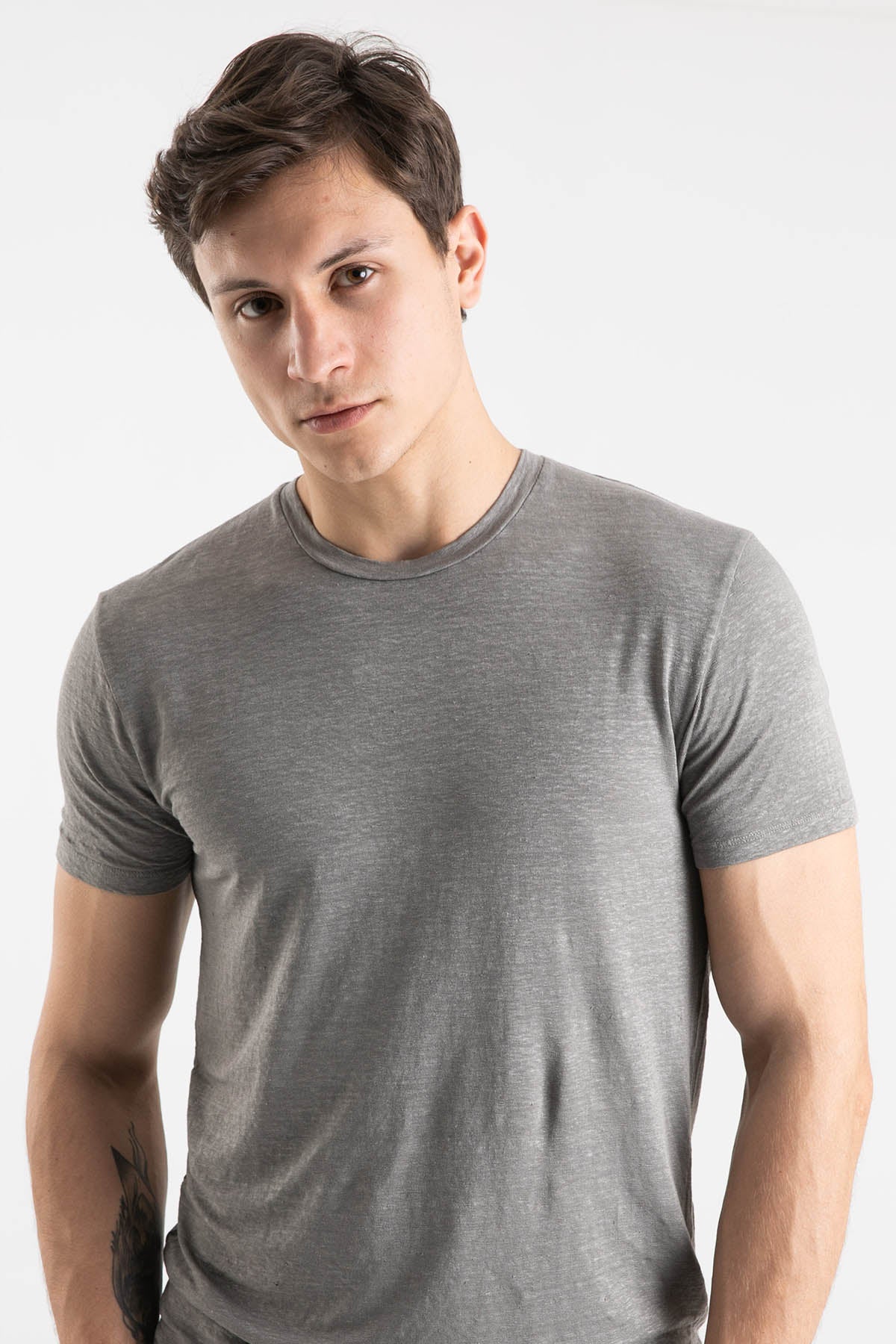 Manifattura Yuvarlak Yaka Streç Keten T-Shirt-Libas Trendy Fashion Store