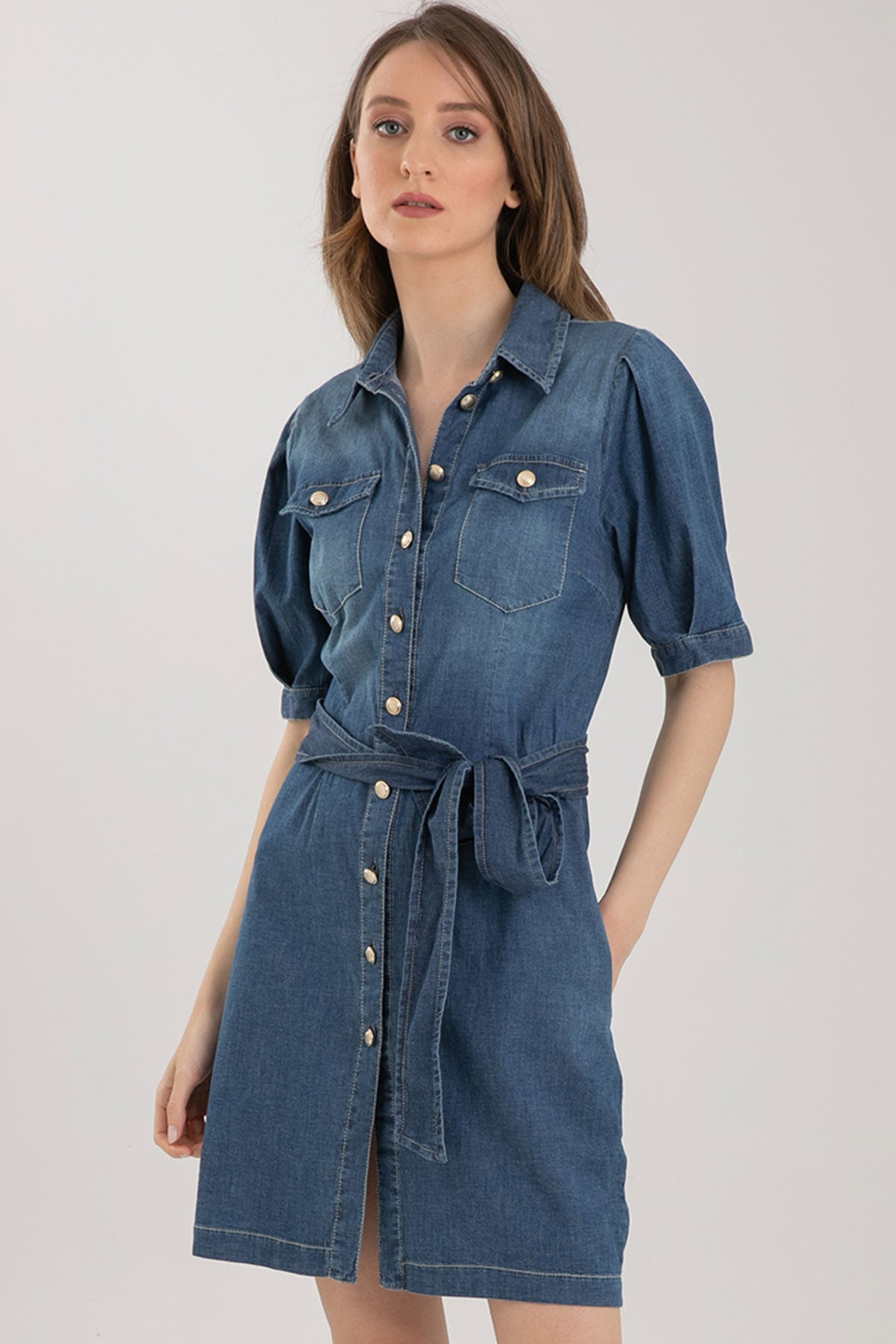 Liu Jo Diz Üstü Belden Kuşaklı Denim Elbise-Libas Trendy Fashion Store