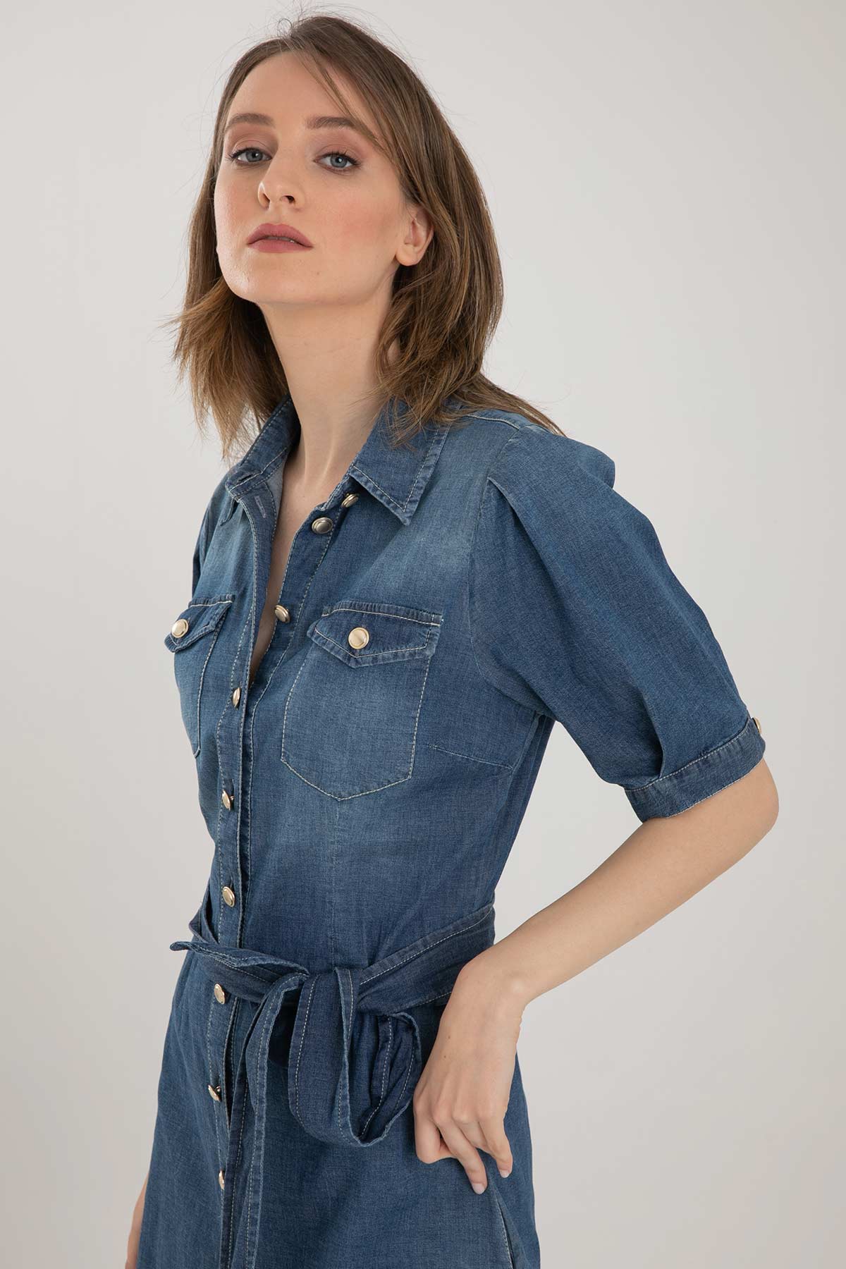 Liu Jo Diz Üstü Belden Kuşaklı Denim Elbise-Libas Trendy Fashion Store