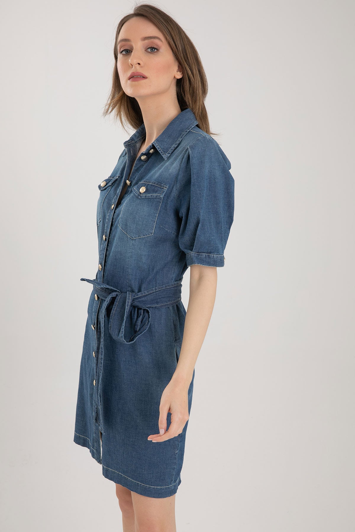 Liu Jo Diz Üstü Belden Kuşaklı Denim Elbise-Libas Trendy Fashion Store