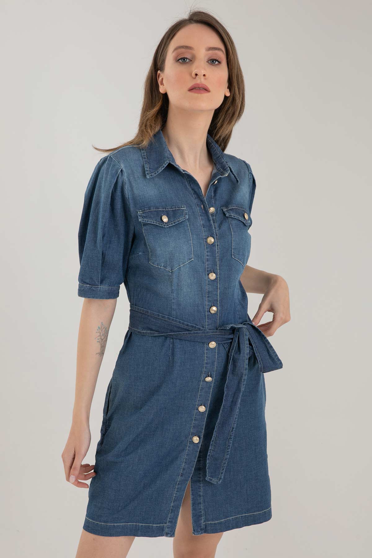 Liu Jo Diz Üstü Belden Kuşaklı Denim Elbise-Libas Trendy Fashion Store